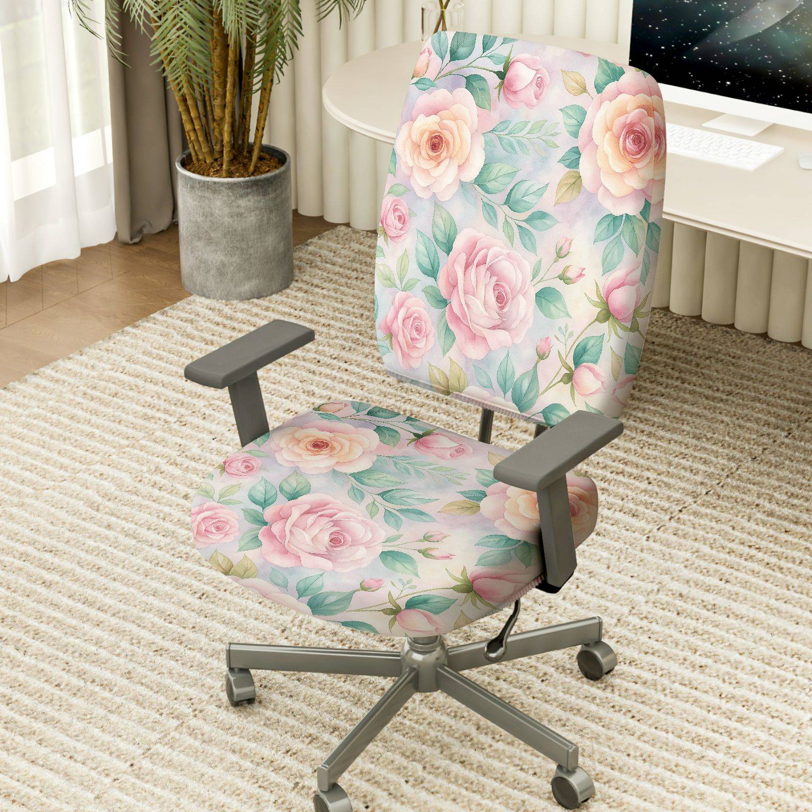 2-Piece Floral Romantic Pastel Elegant Delicate  Computer Chair Cover Set, Seat and Backrest