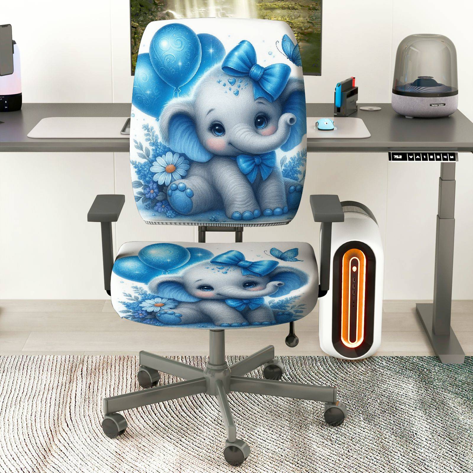 2-Piece Cute Elephant Blue Flowers Butterfly Balloons  Computer Chair Cover Set, Seat and Backrest