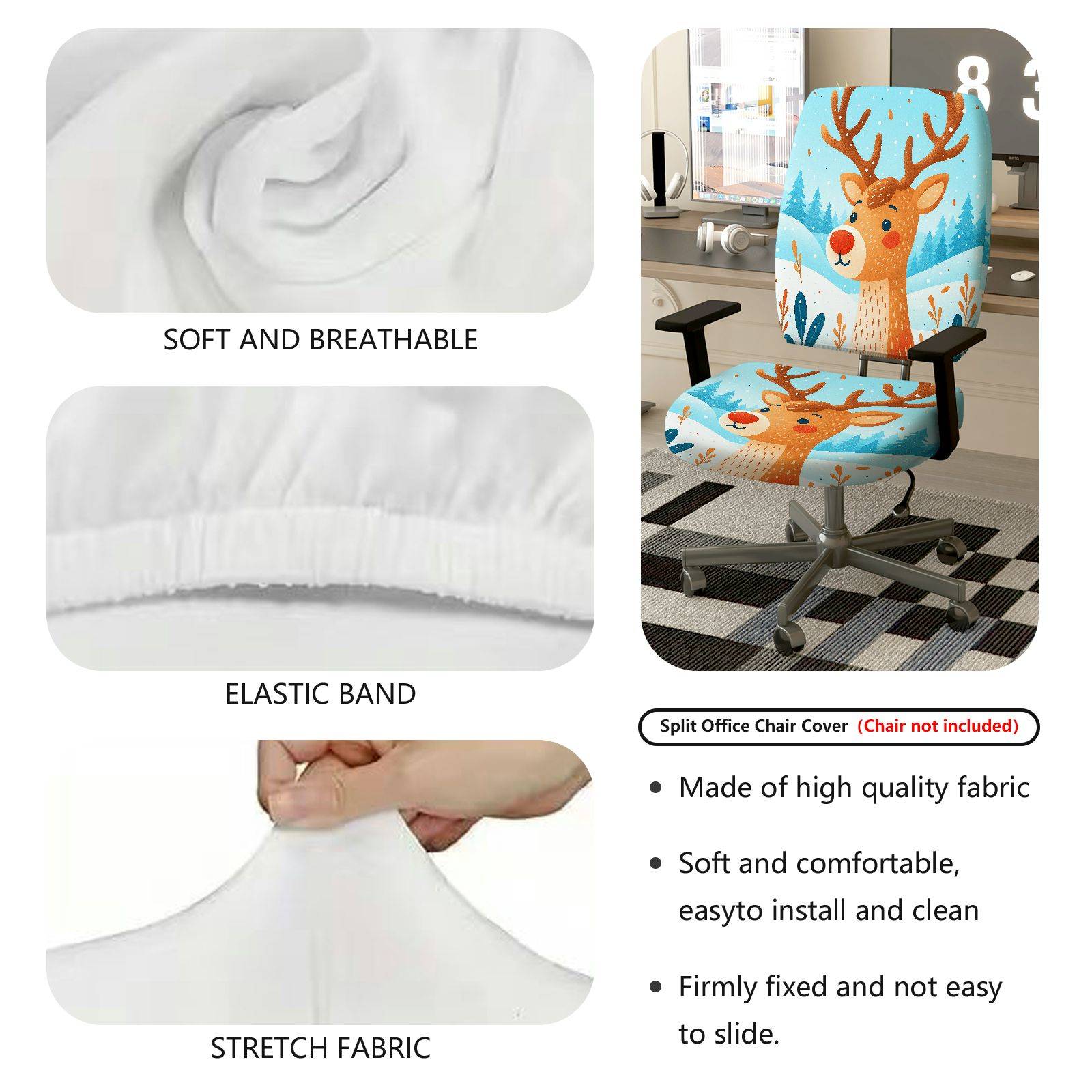 2-Piece Christmas Deer Snow Forest Winter  Computer Chair Cover Set, Seat and Backrest