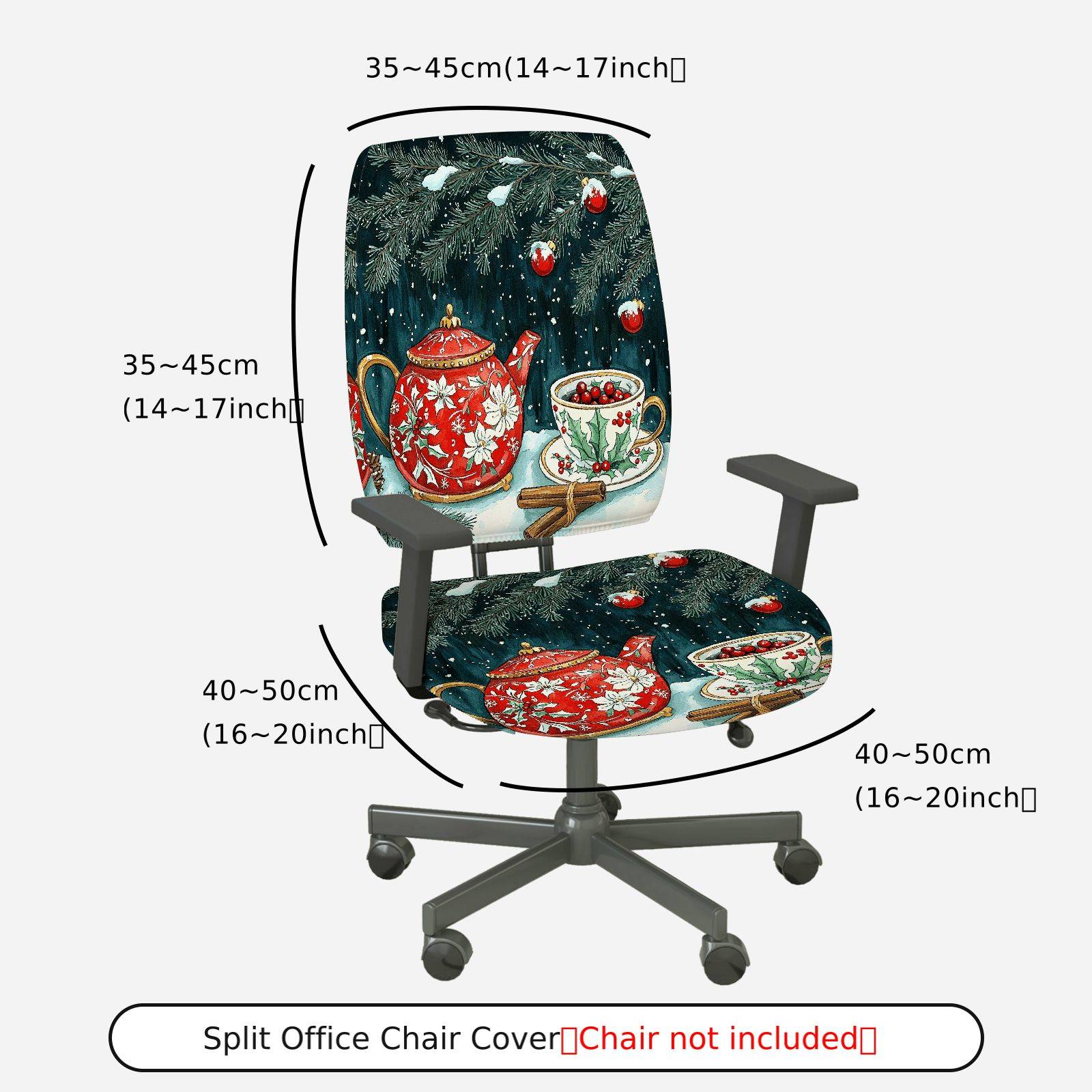 2-Piece Christmas Teapot Holly Berries Snowy Holiday  Computer Chair Cover Set, Seat and Backrest