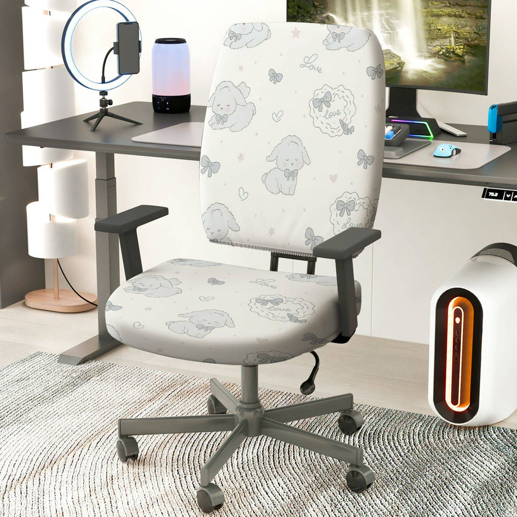 2-Piece Cute Dog Bow Heart Love Pattern  Computer Chair Cover Set, Seat and Backrest