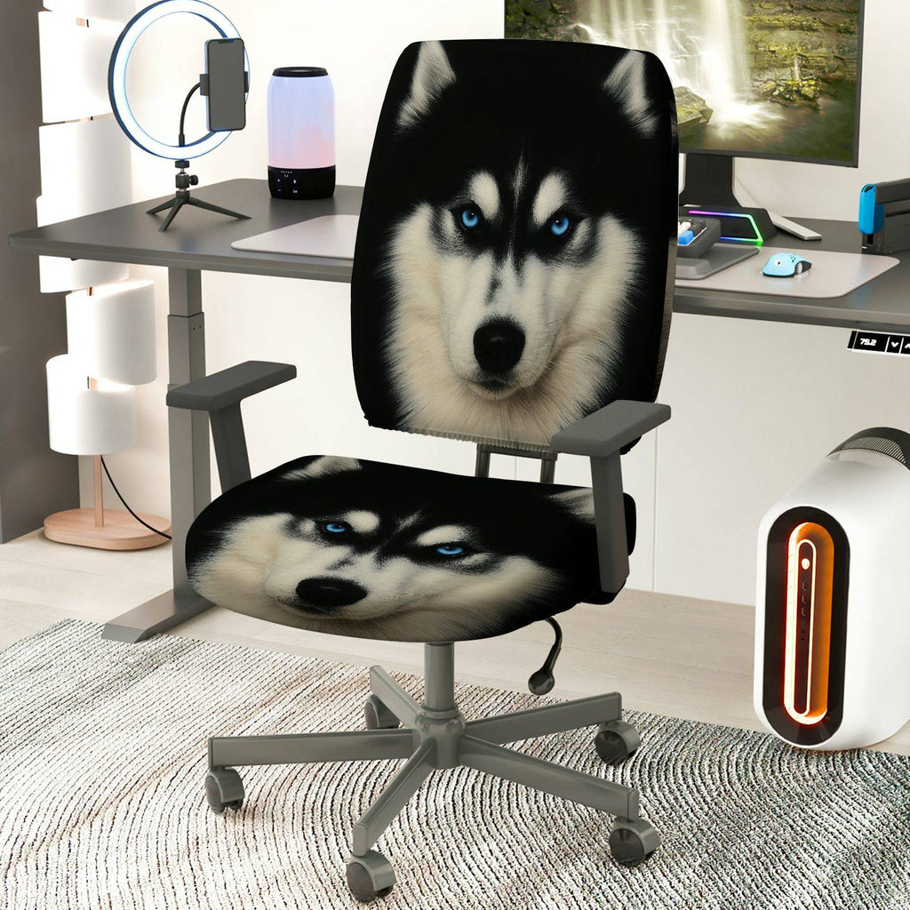 2-Piece Wolf Animal Art Blue Eyes Novelty Husky Dog  Computer Chair Cover Set, Seat and Backrest