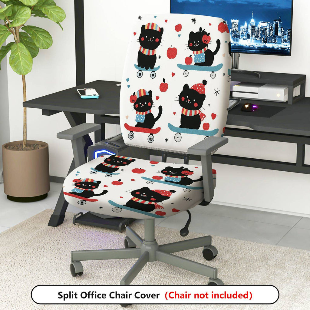 2-Piece Cute Skating Cat Apple Pattern  Computer Chair Cover Set, Seat and Backrest