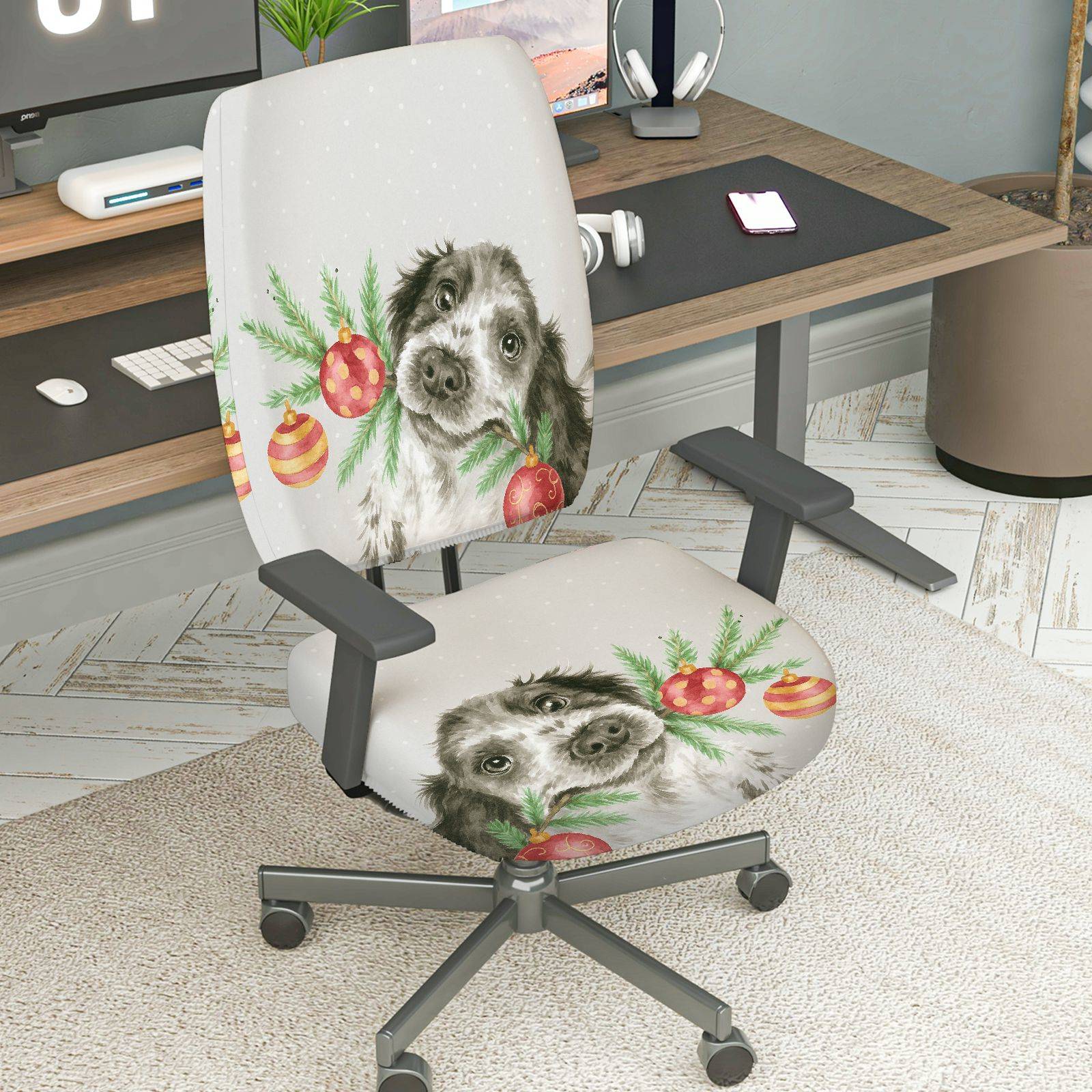 2-Piece Dog Christmas Holiday Festive Decorative  Computer Chair Cover Set, Seat and Backrest