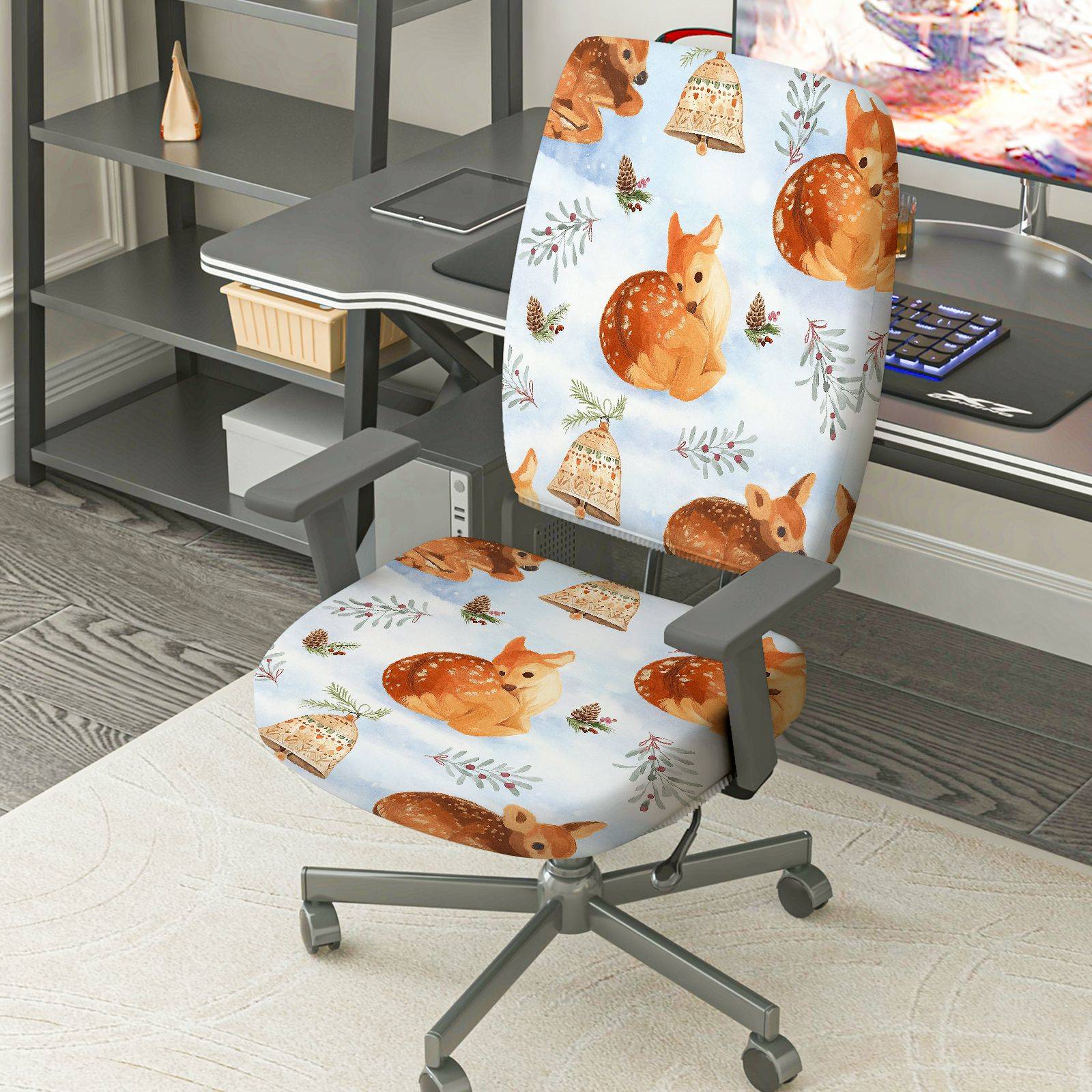 2-Piece Cute Christmas Deer Bell Pine Leaves  Computer Chair Cover Set, Seat and Backrest
