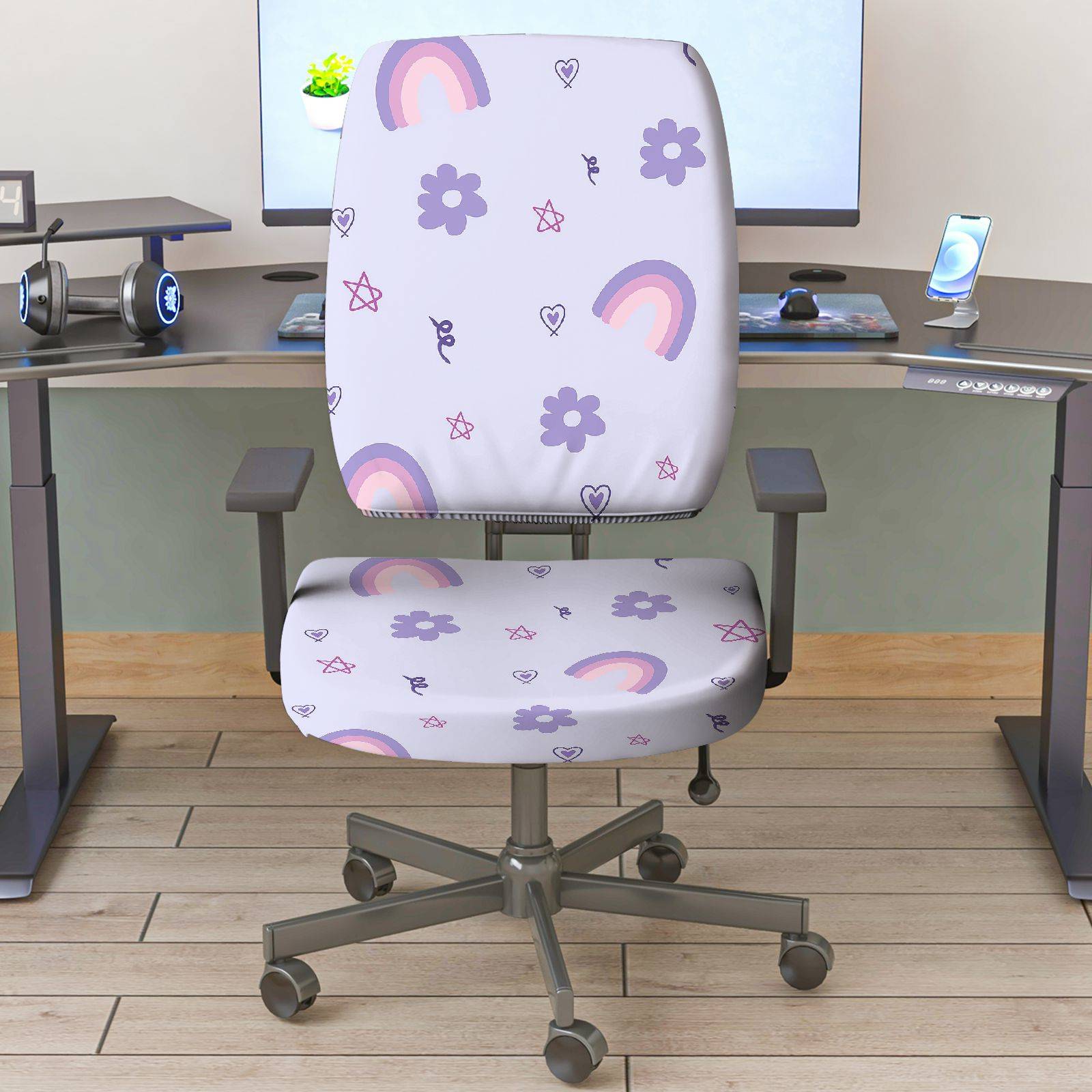 2-Piece Rainbow Flower Heart Star Purple  Computer Chair Cover Set, Seat and Backrest