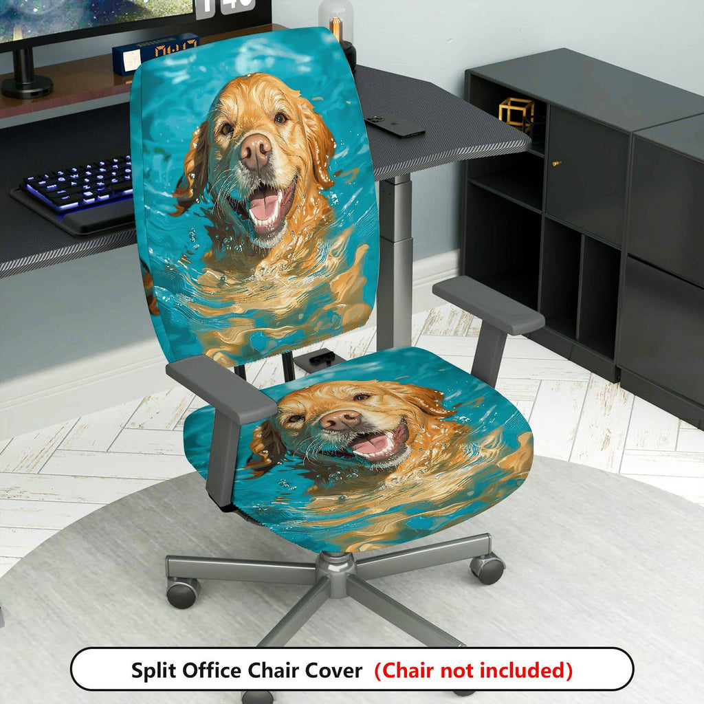 2-Piece Swimming Dog Animal Fun Pet  Computer Chair Cover Set, Seat and Backrest