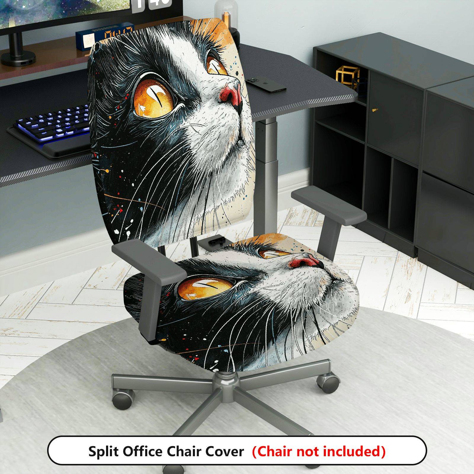 2-Piece Cat Pattern Art Design Animal Print Black White  Computer Chair Cover Set, Seat and Backrest