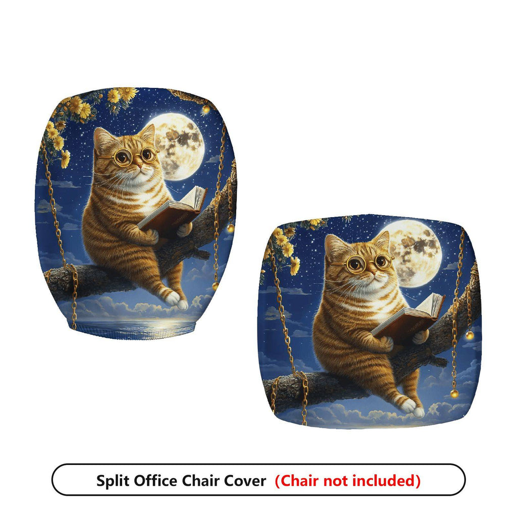 2-Piece Cat Reading Moon Night Starry Swing  Computer Chair Cover Set, Seat and Backrest