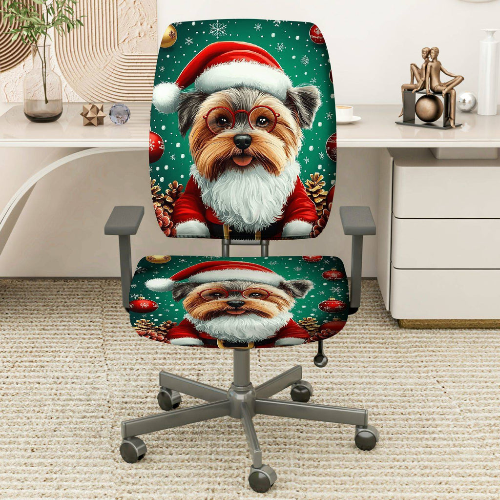 2-Piece Christmas Dog Santa Hat Pinecone Snowflakes  Computer Chair Cover Set, Seat and Backrest