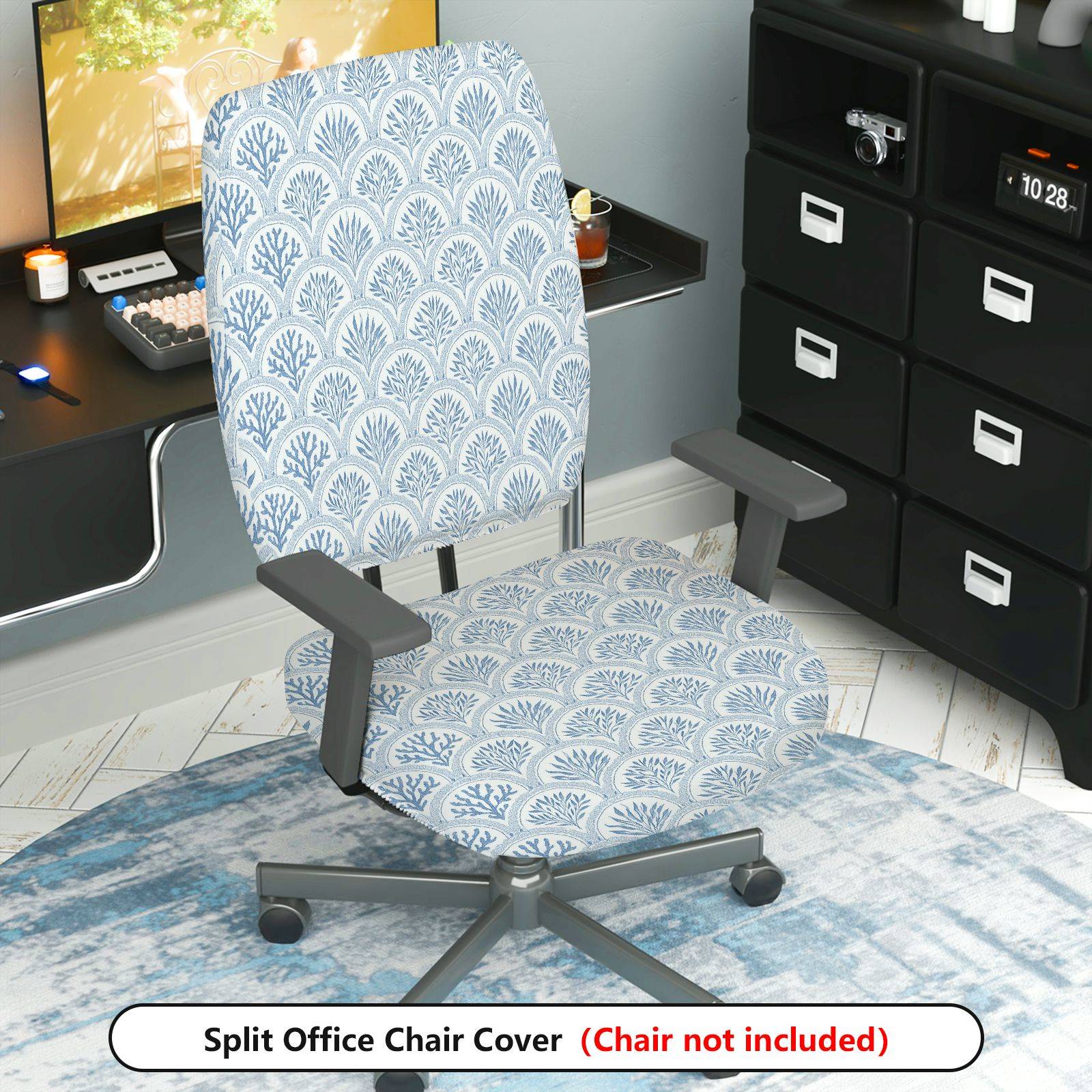 2-Piece Abstract Art Navy Geometric Coral Ocean  Computer Chair Cover Set, Seat and Backrest