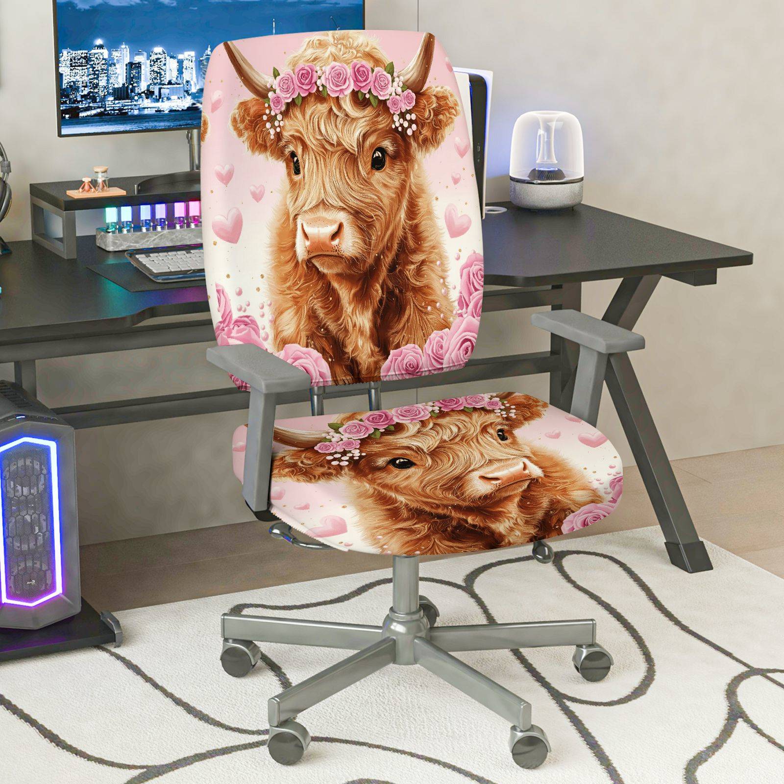 2-Piece Cute Highland Cow Flower Romantic Pink Festival  Computer Chair Cover Set, Seat and Backrest