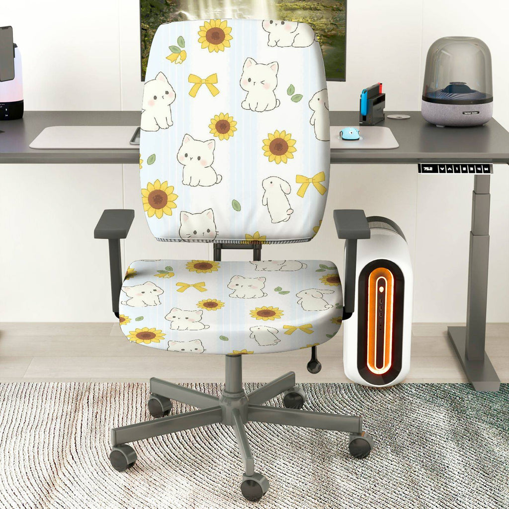 2-Piece Cute Sunflower Cat Bow Spring  Computer Chair Cover Set, Seat and Backrest