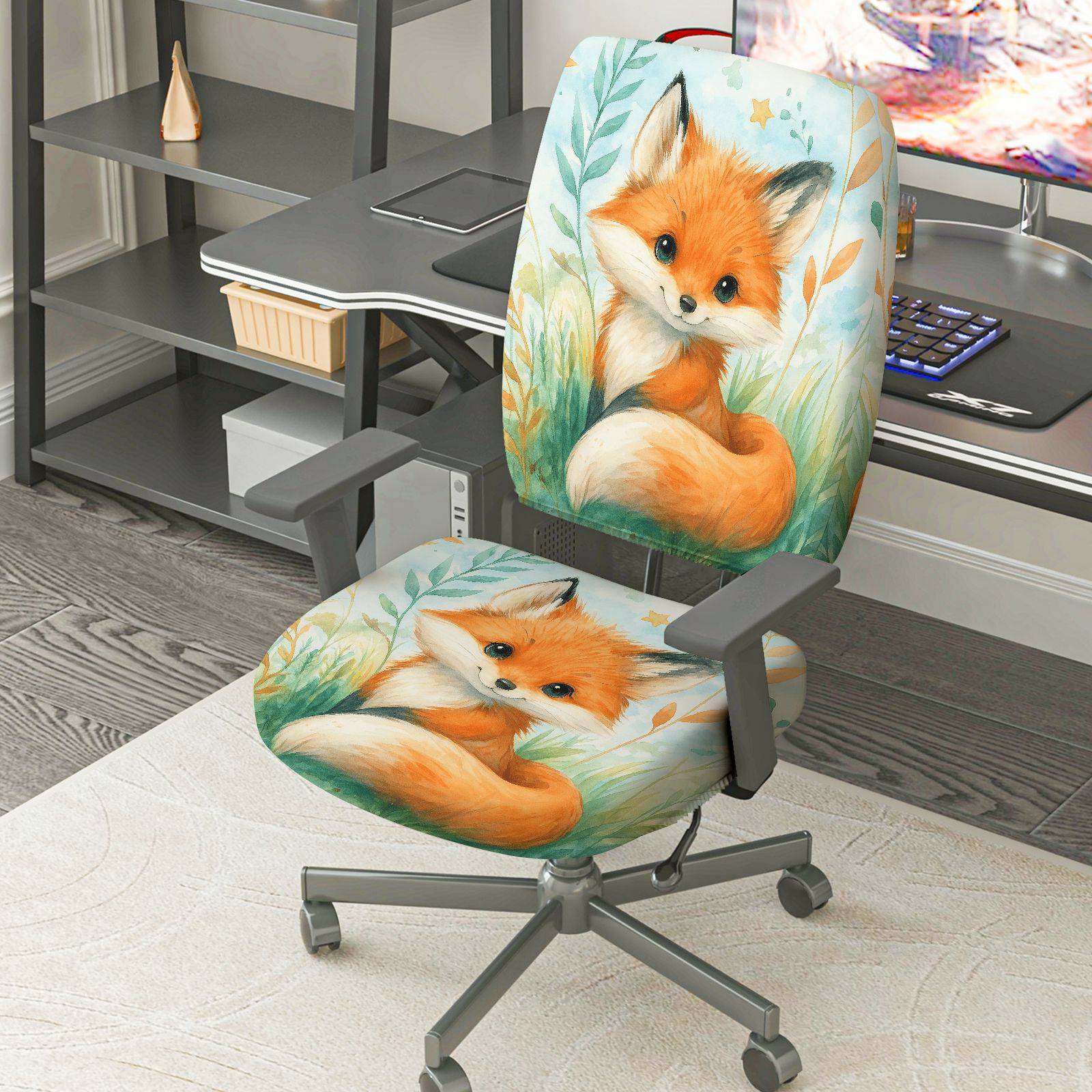 2-Piece Cute Animal Fox Forest Nature  Computer Chair Cover Set, Seat and Backrest