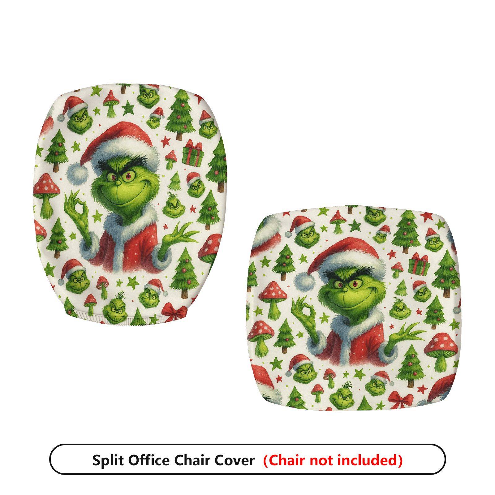 2-Piece Christmas Grinch Santa Tree Gift Decoration  Computer Chair Cover Set, Seat and Backrest