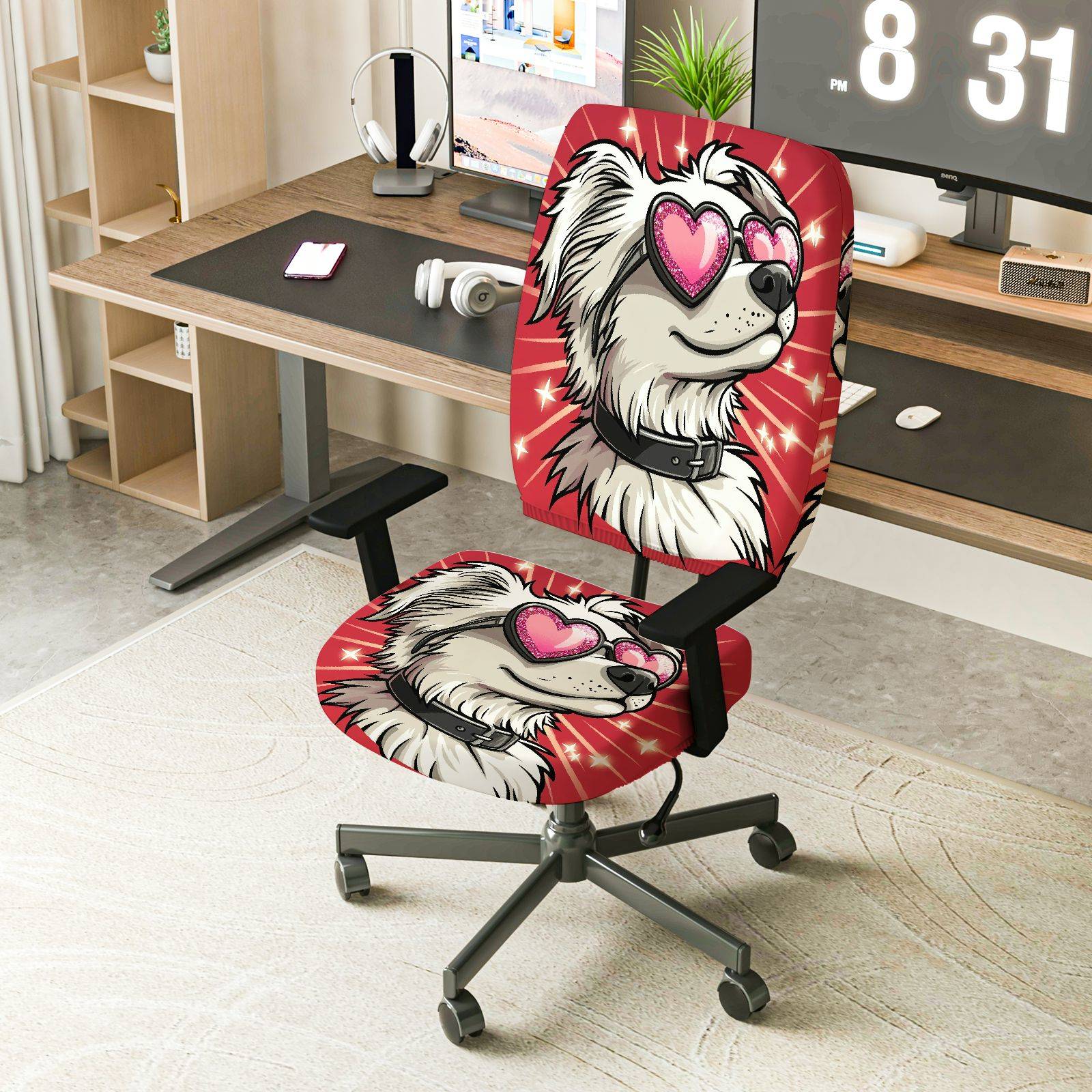 2-Piece Cute Dog Heart Sunglasses Red Animal  Computer Chair Cover Set, Seat and Backrest