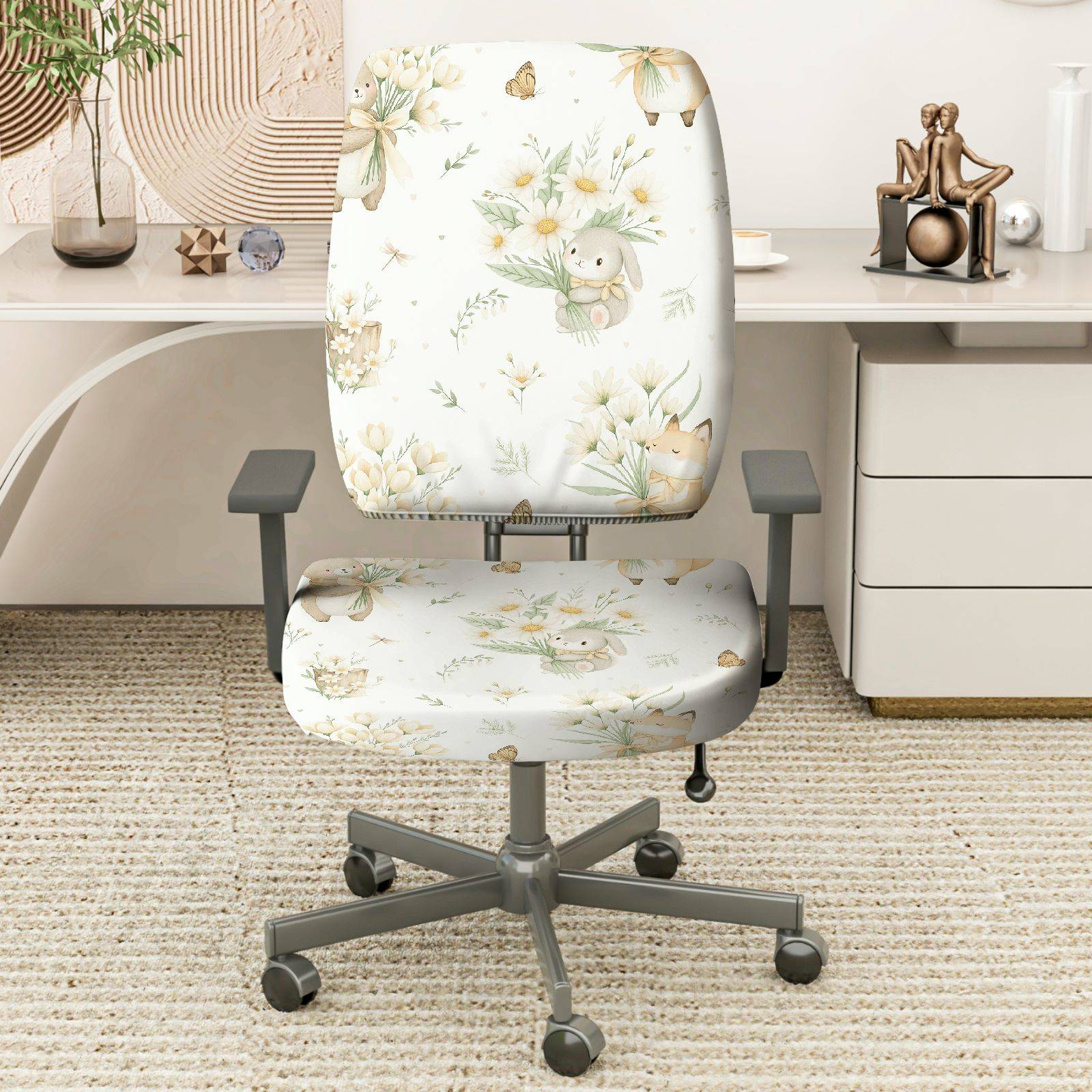 2-Piece Cute Animal Pastel Floral Spring-Inspired Decorative  Computer Chair Cover Set, Seat and Backrest