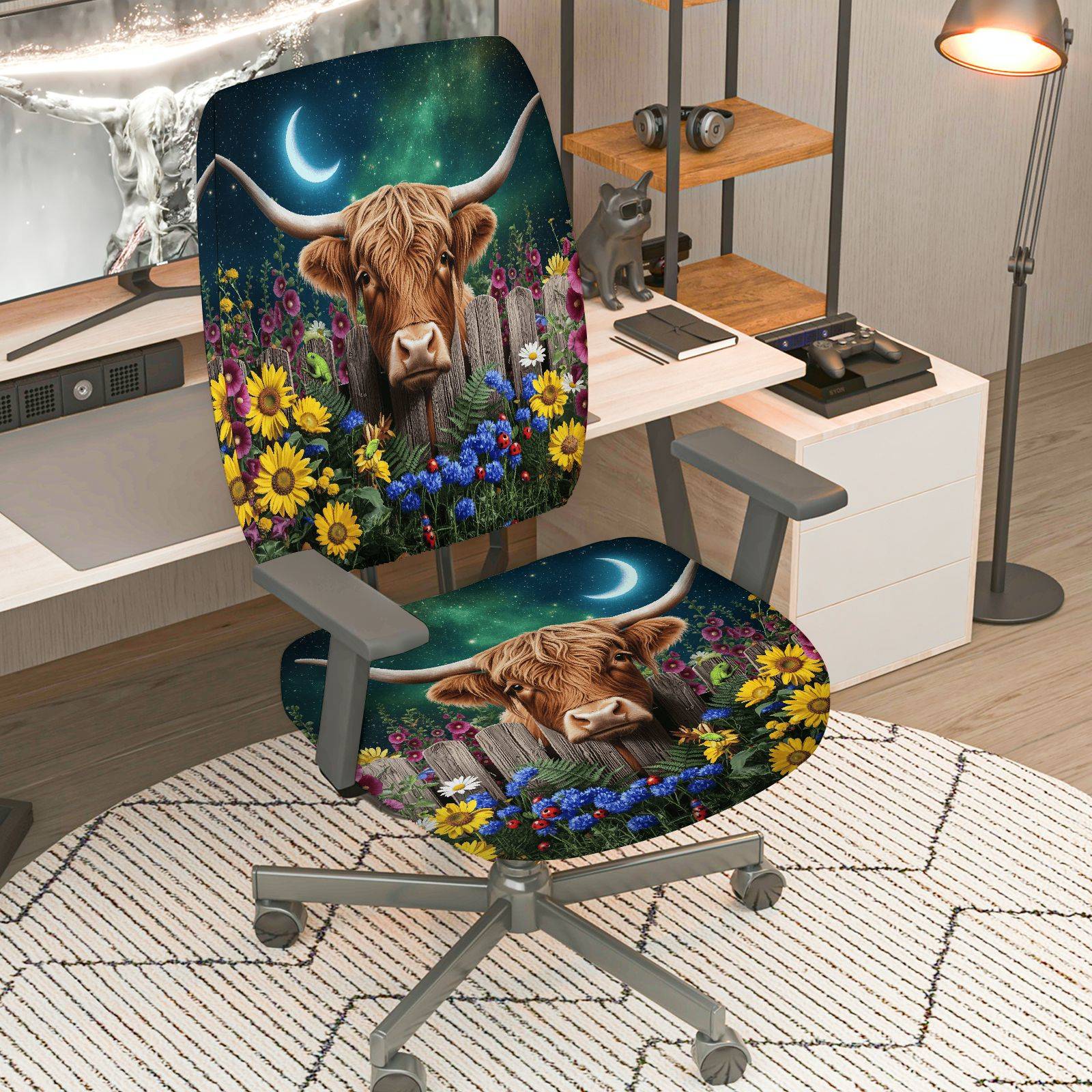 2-Piece Highland Cow Moon Night Flower Rustic Beauty  Computer Chair Cover Set, Seat and Backrest