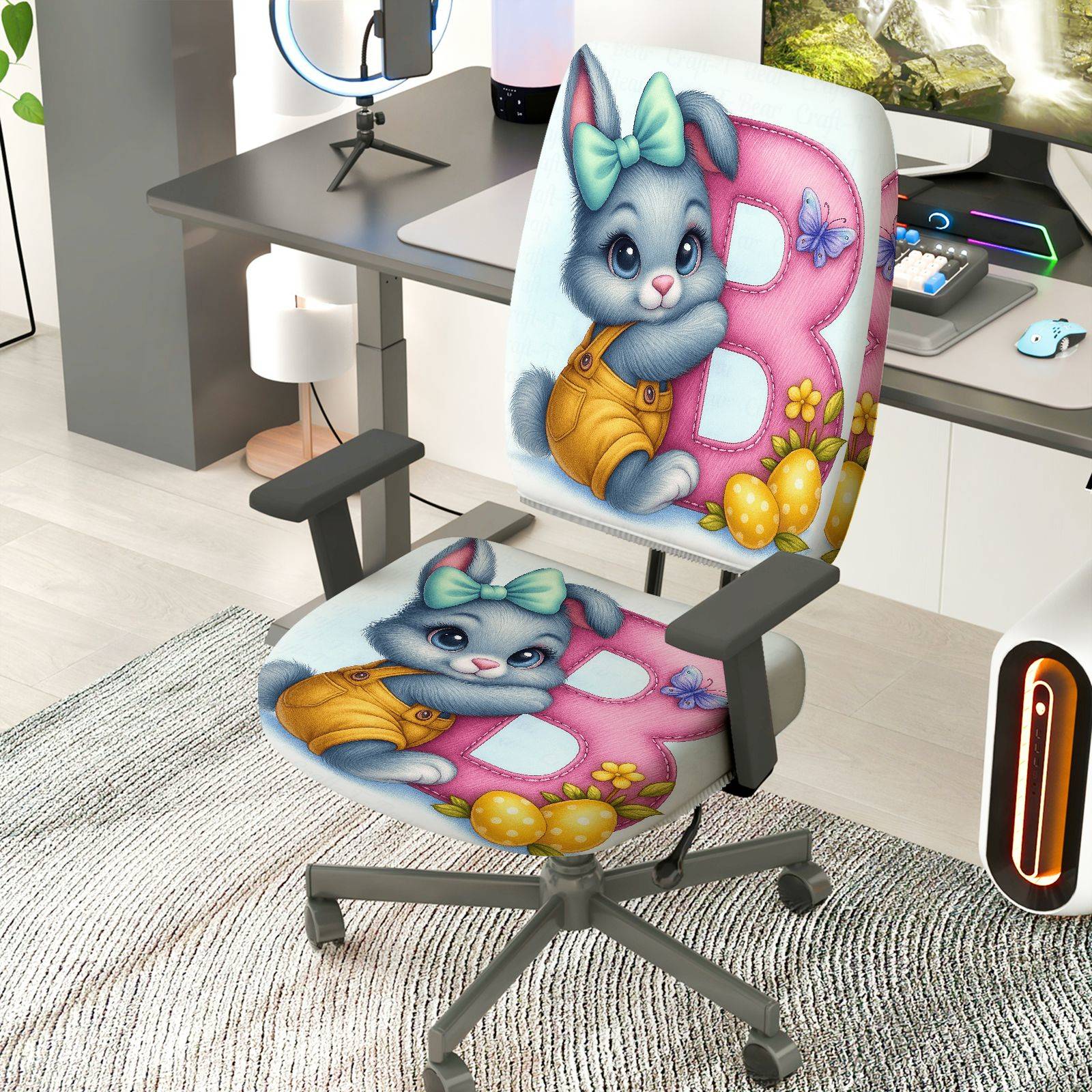 2-Piece Rabbit Easter Spring Colorful Cute  Computer Chair Cover Set, Seat and Backrest