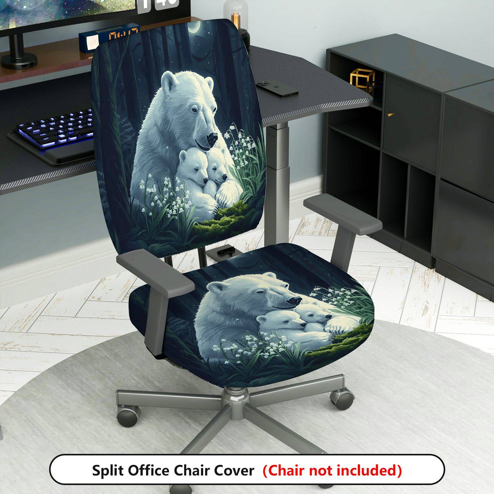 2-Piece Polar Bear Family Forest Night Scandinavian Christmas  Computer Chair Cover Set, Seat and Backrest