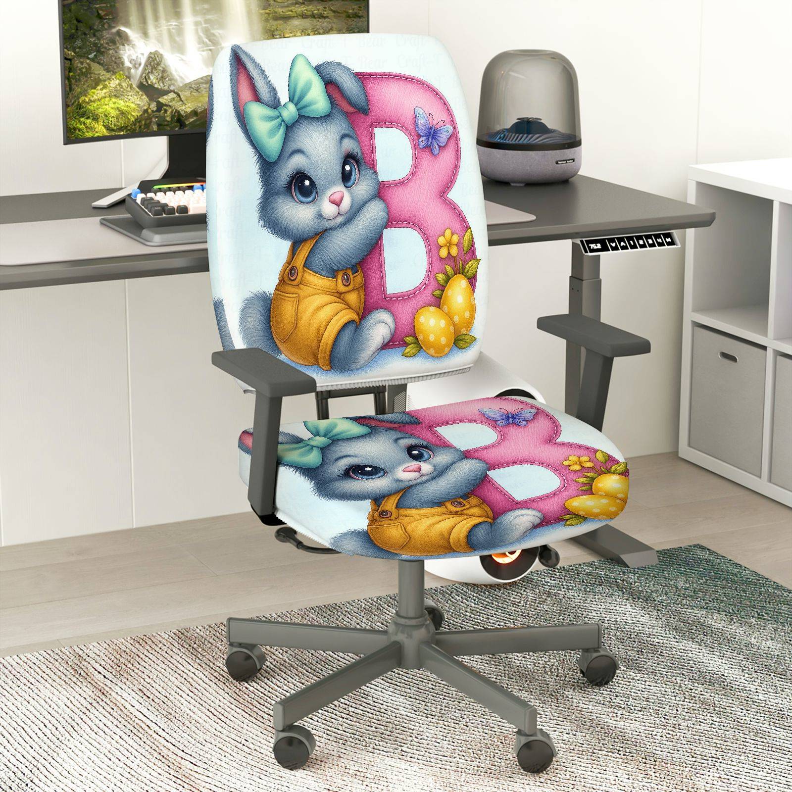 2-Piece Rabbit Easter Spring Colorful Cute  Computer Chair Cover Set, Seat and Backrest