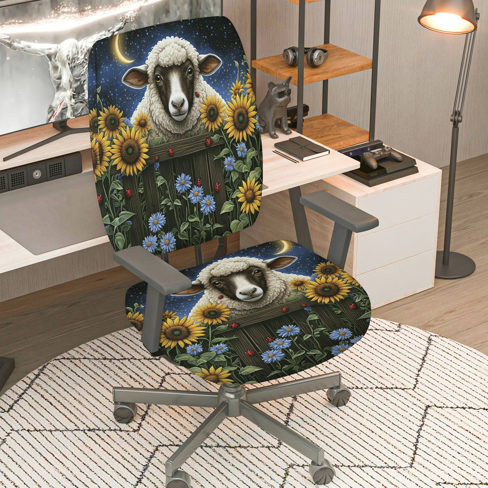 2-Piece Sheep Floral Night Sky Sunflower Daisy  Computer Chair Cover Set, Seat and Backrest