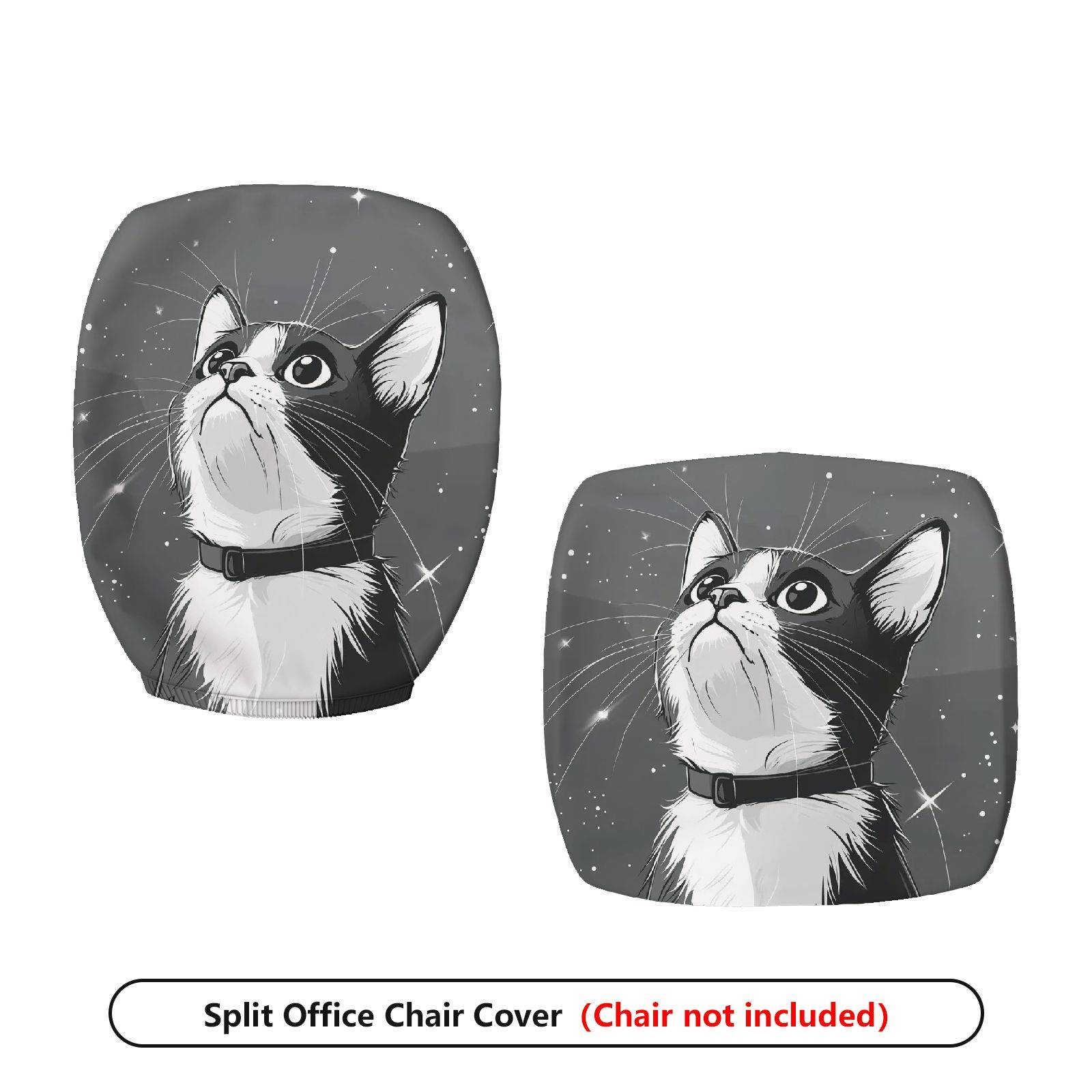 2-Piece Cute Cat Starry Sky Gray Black  Computer Chair Cover Set, Seat and Backrest
