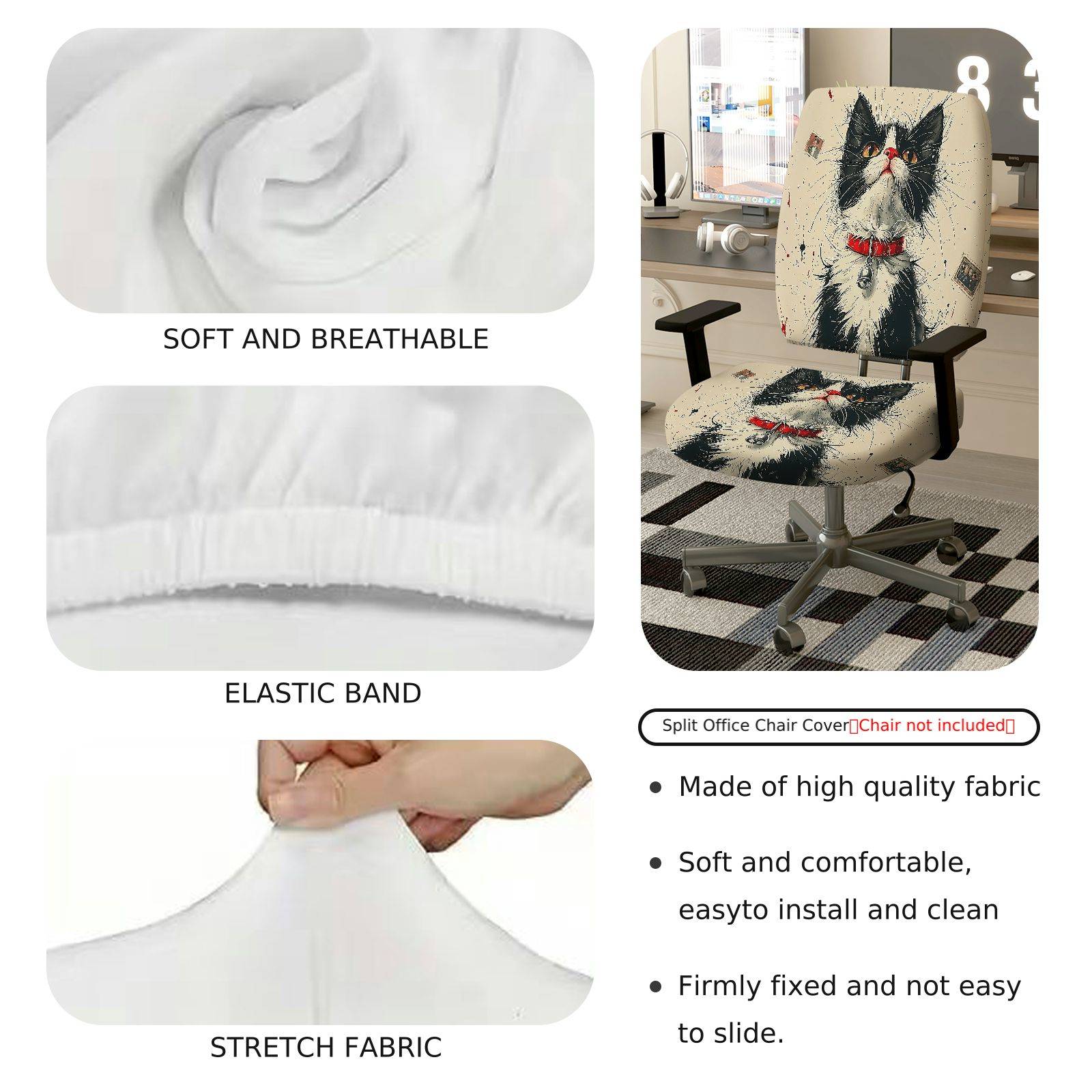 2-Piece Cat Art Vintage Unique Stylish Fun  Computer Chair Cover Set, Seat and Backrest