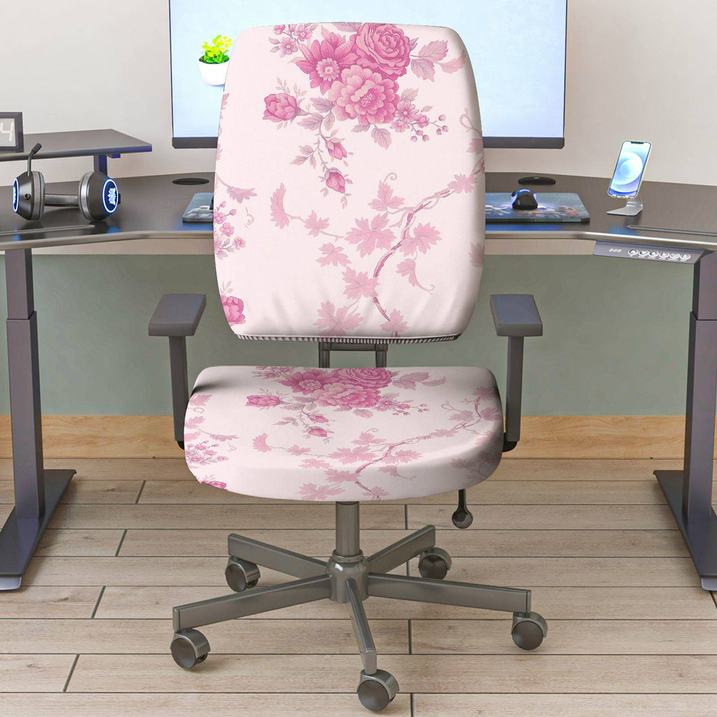 2-Piece Floral Pink Leaf Flower Pattern  Computer Chair Cover Set, Seat and Backrest