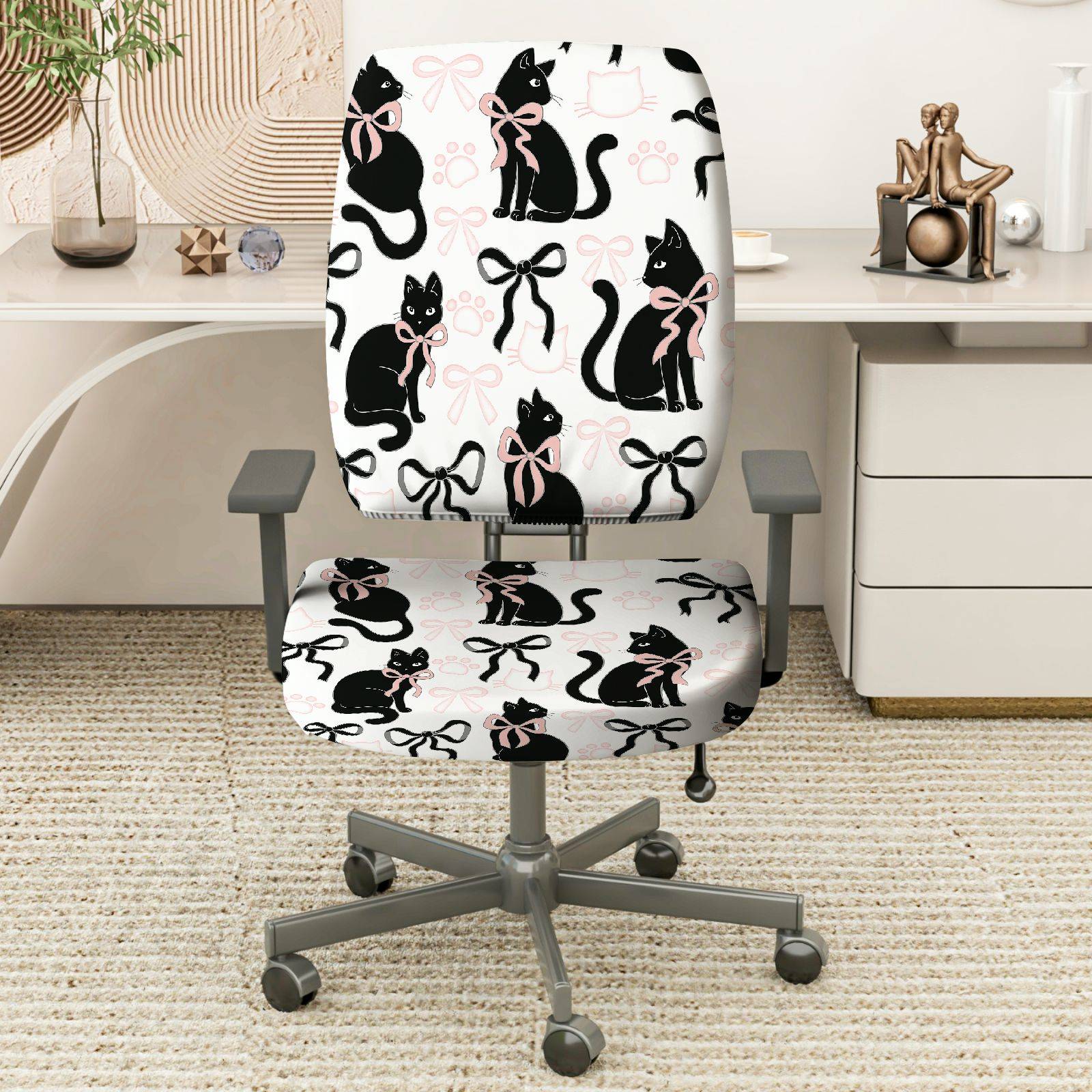 2-Piece Black cat bow paw print  Computer Chair Cover Set, Seat and Backrest