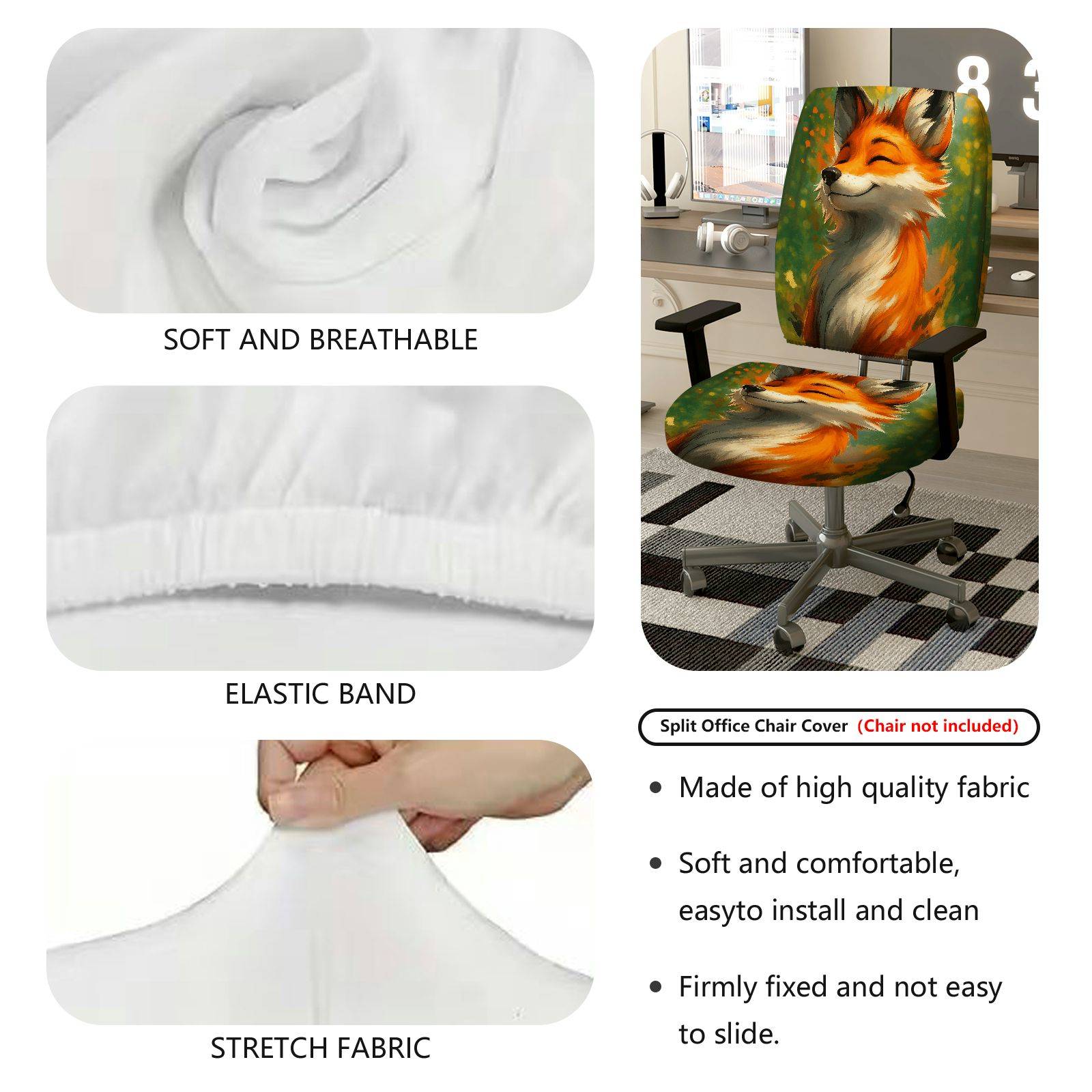 2-Piece Cute Fox Animal Art  Computer Chair Cover Set, Seat and Backrest