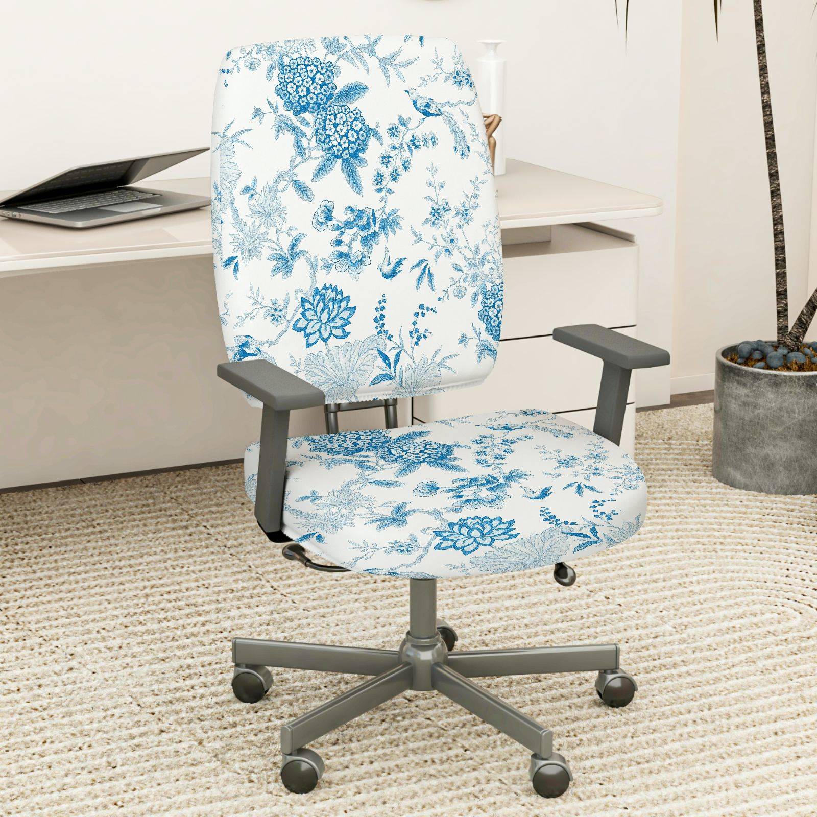 2-Piece Floral Bird Print Nature Blue White  Computer Chair Cover Set, Seat and Backrest