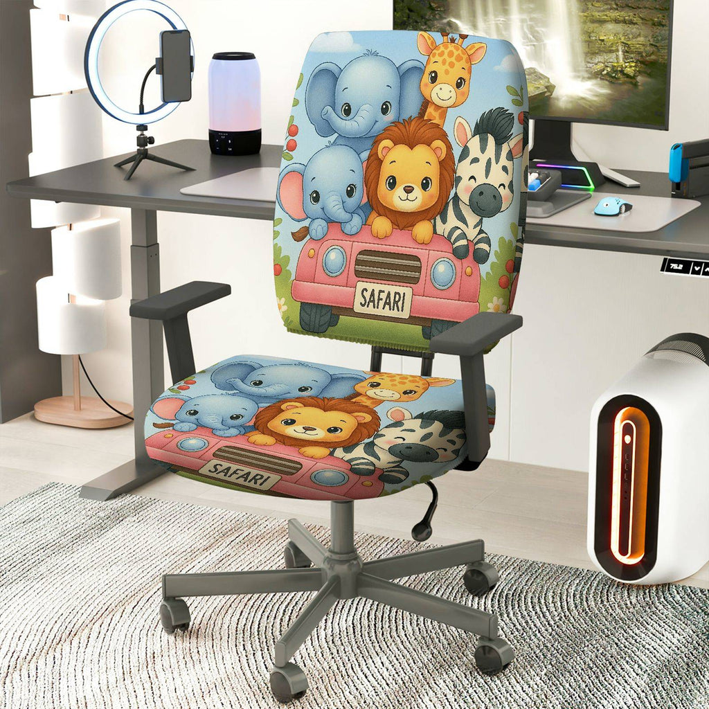 2-Piece Safari Animal Cute Colorful  Computer Chair Cover Set, Seat and Backrest