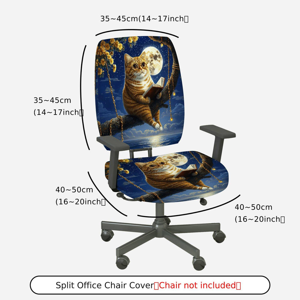 2-Piece Cat Reading Moon Night Starry Swing  Computer Chair Cover Set, Seat and Backrest