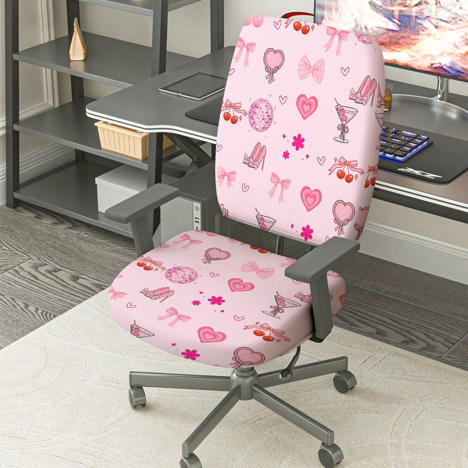 2-Piece Pink Romantic Heart Bow Cherry Flower  Computer Chair Cover Set, Seat and Backrest