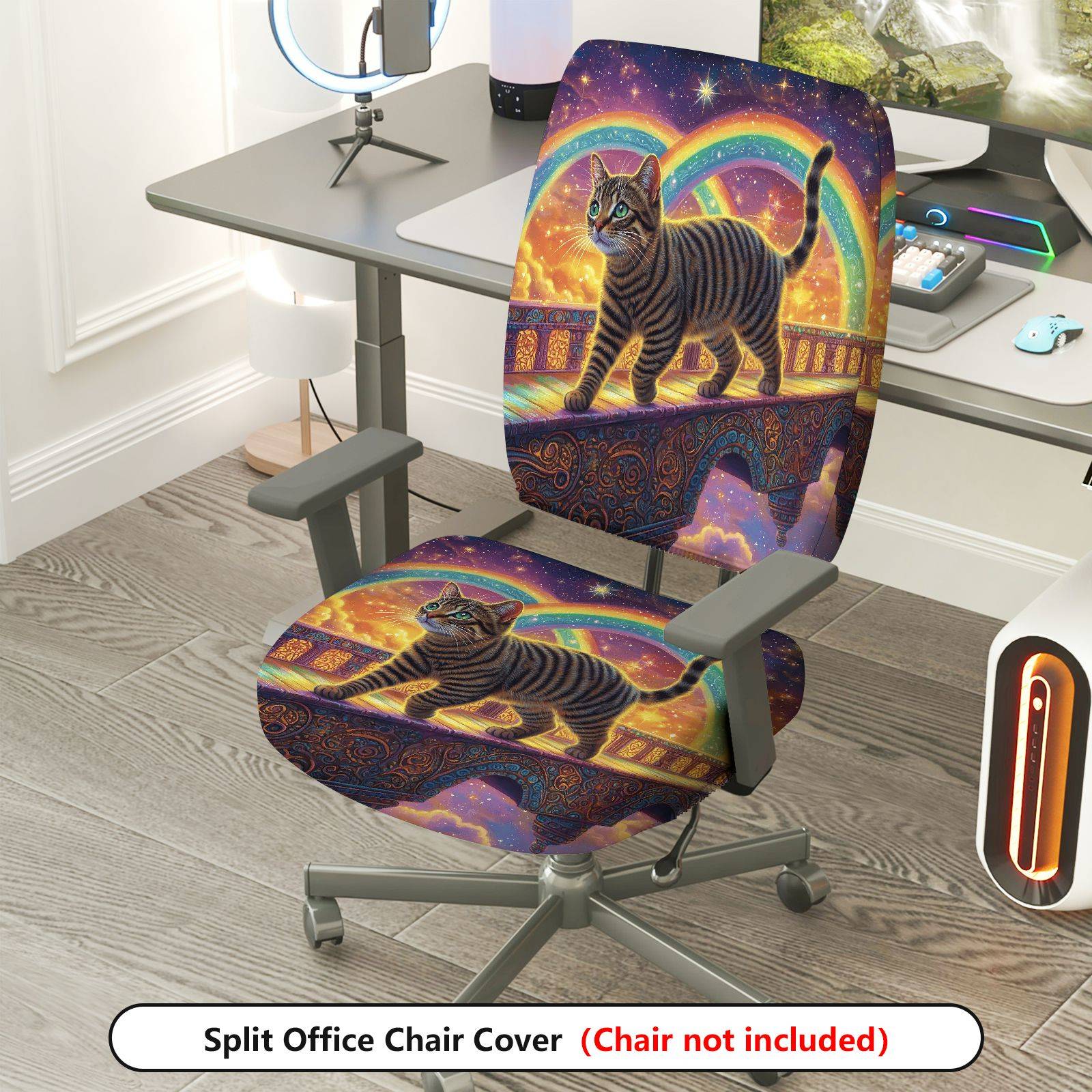2-Piece Rainbow Starry Night Cat Fantasy Bridge  Computer Chair Cover Set, Seat and Backrest