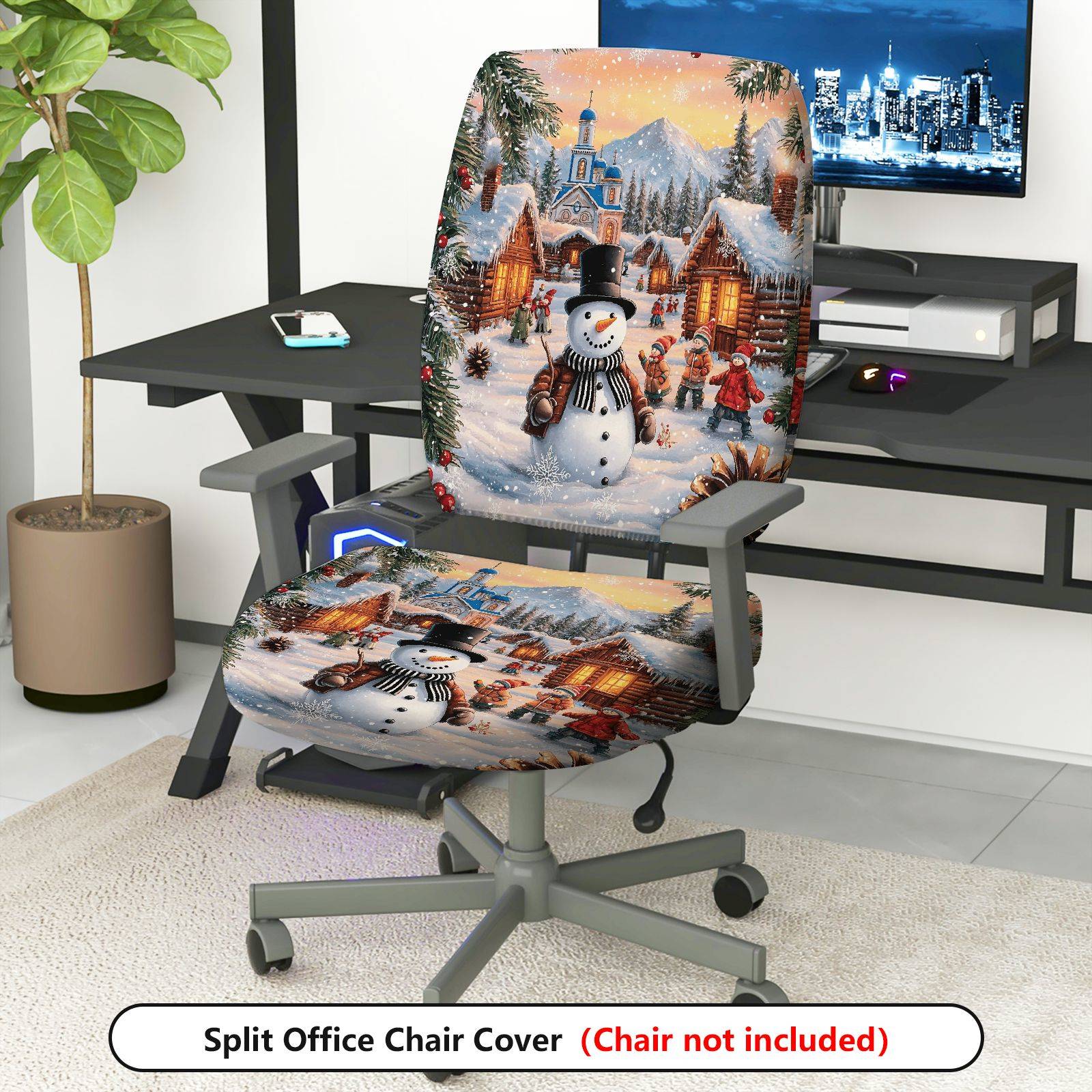 2-Piece Christmas Snowman Winter Village Festival Scene  Computer Chair Cover Set, Seat and Backrest