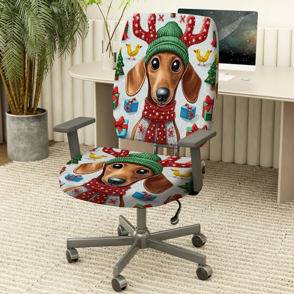 2-Piece Christmas Reindeer Dog Green Hat Festive Gift  Computer Chair Cover Set, Seat and Backrest
