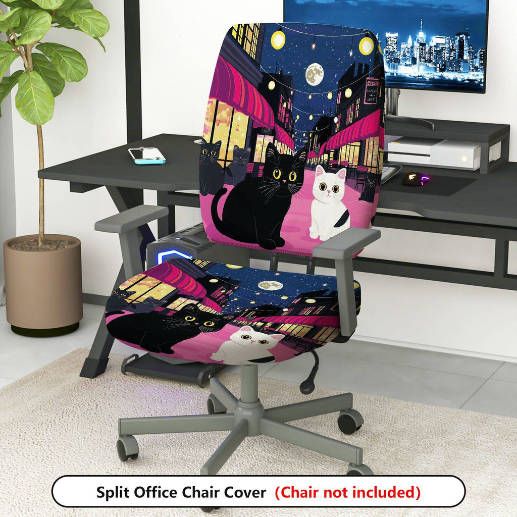 2-Piece Cat Night City Festival Decorative Moon  Computer Chair Cover Set, Seat and Backrest