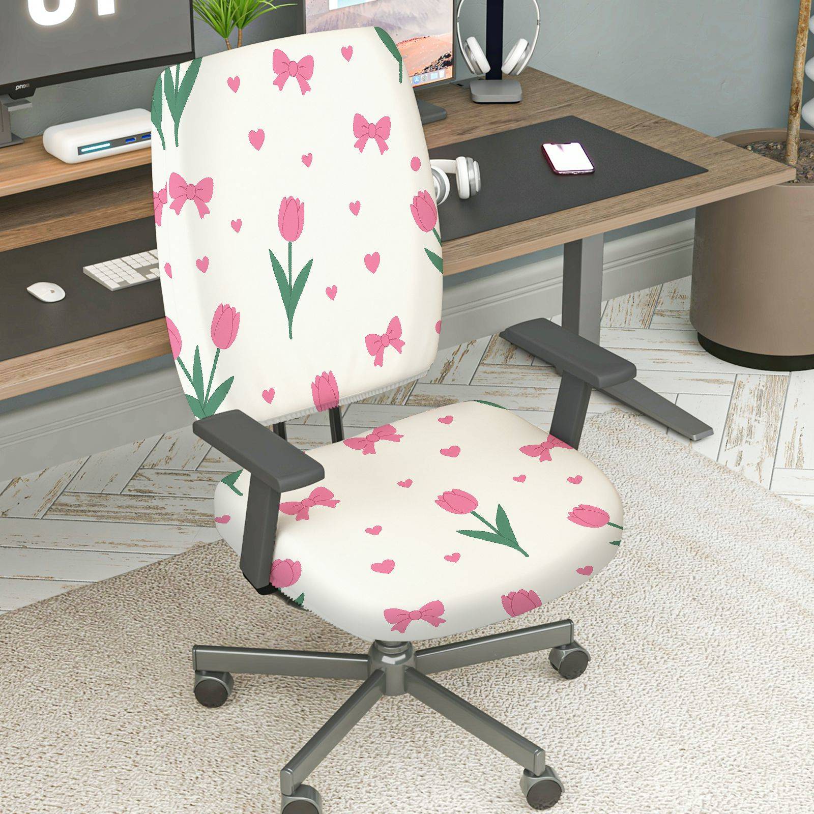 2-Piece Pink Flower Heart Ribbon Tulip Pattern  Computer Chair Cover Set, Seat and Backrest