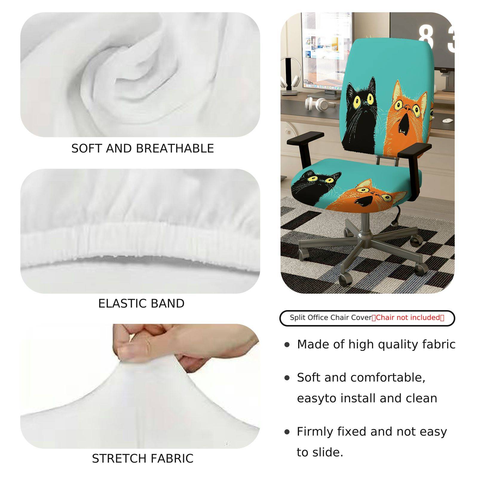 2-Piece Cute Cat Pattern Colorful Fun Whimsical Unique  Computer Chair Cover Set, Seat and Backrest