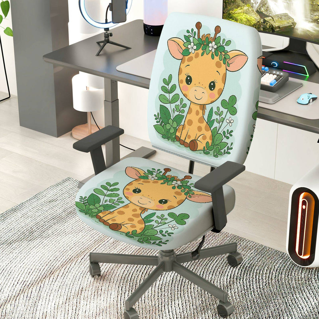 2-Piece Cute Giraffe Animal Jungle Pattern Greenery  Computer Chair Cover Set, Seat and Backrest