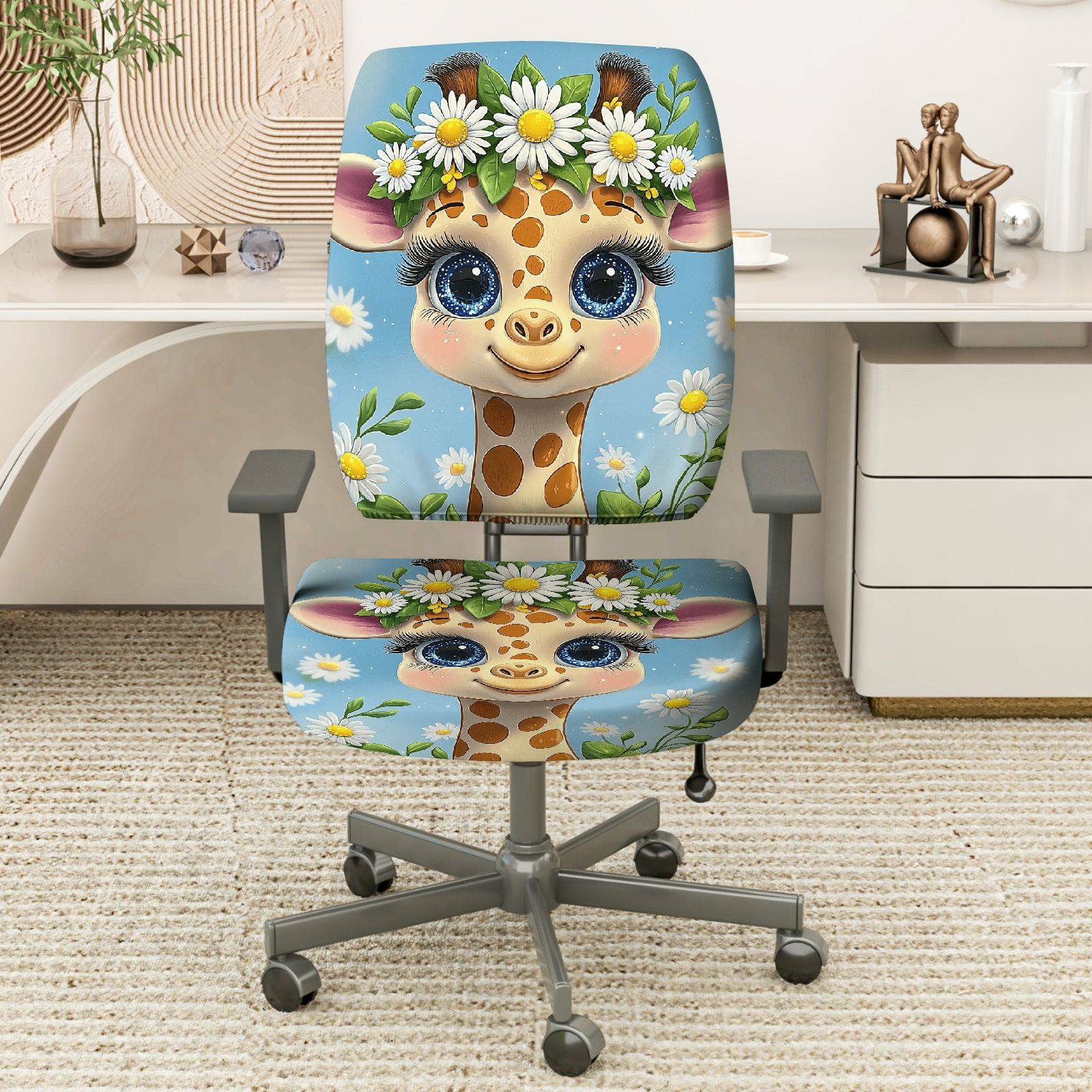 2-Piece Giraffe Flower Cute Bright Adorable  Computer Chair Cover Set, Seat and Backrest