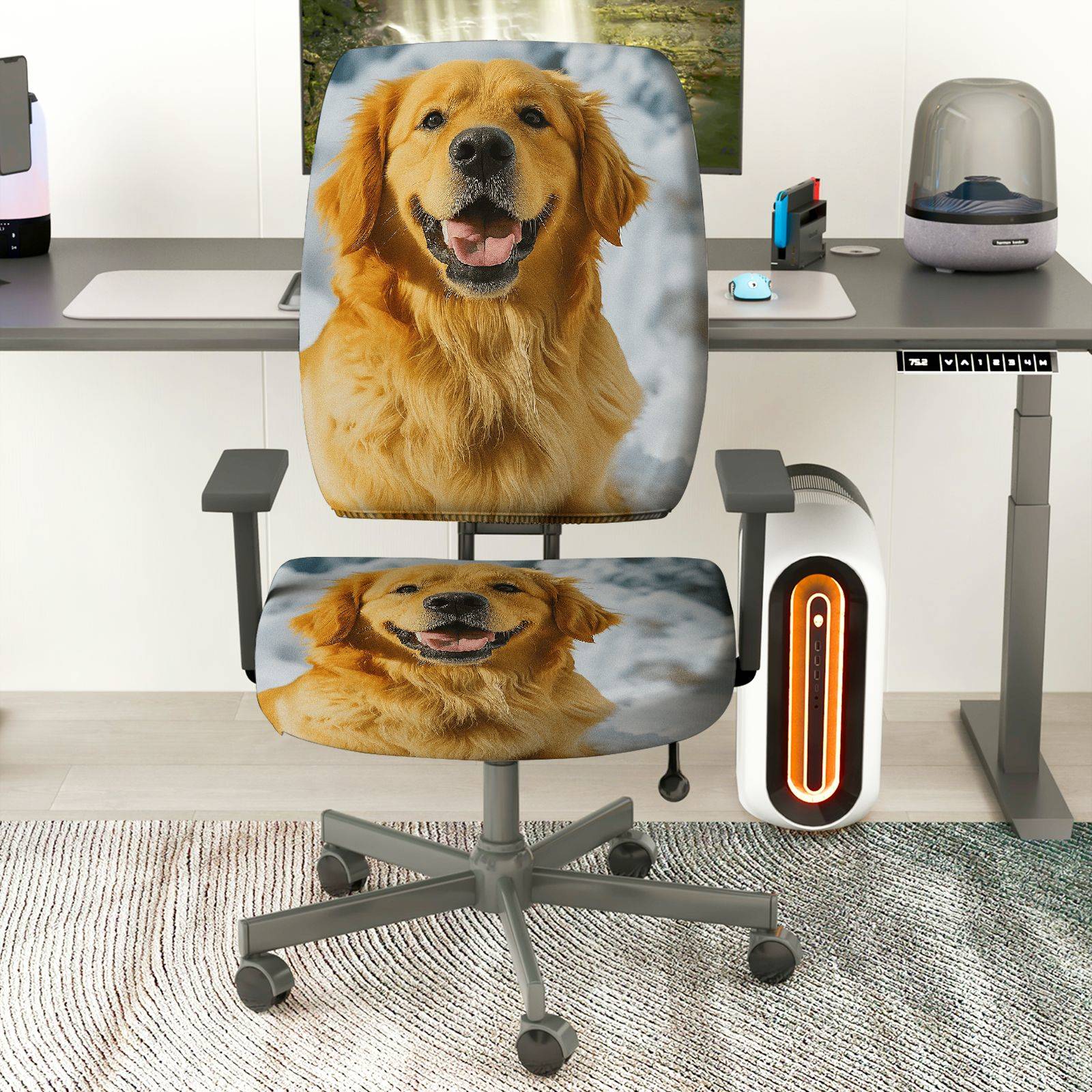 2-Piece Cute Dog Winter Snow Fun Joyful  Computer Chair Cover Set, Seat and Backrest