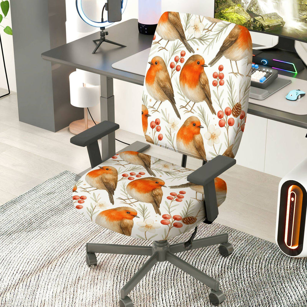 2-Piece Christmas Robin Bird Berry Tree Flower  Computer Chair Cover Set, Seat and Backrest
