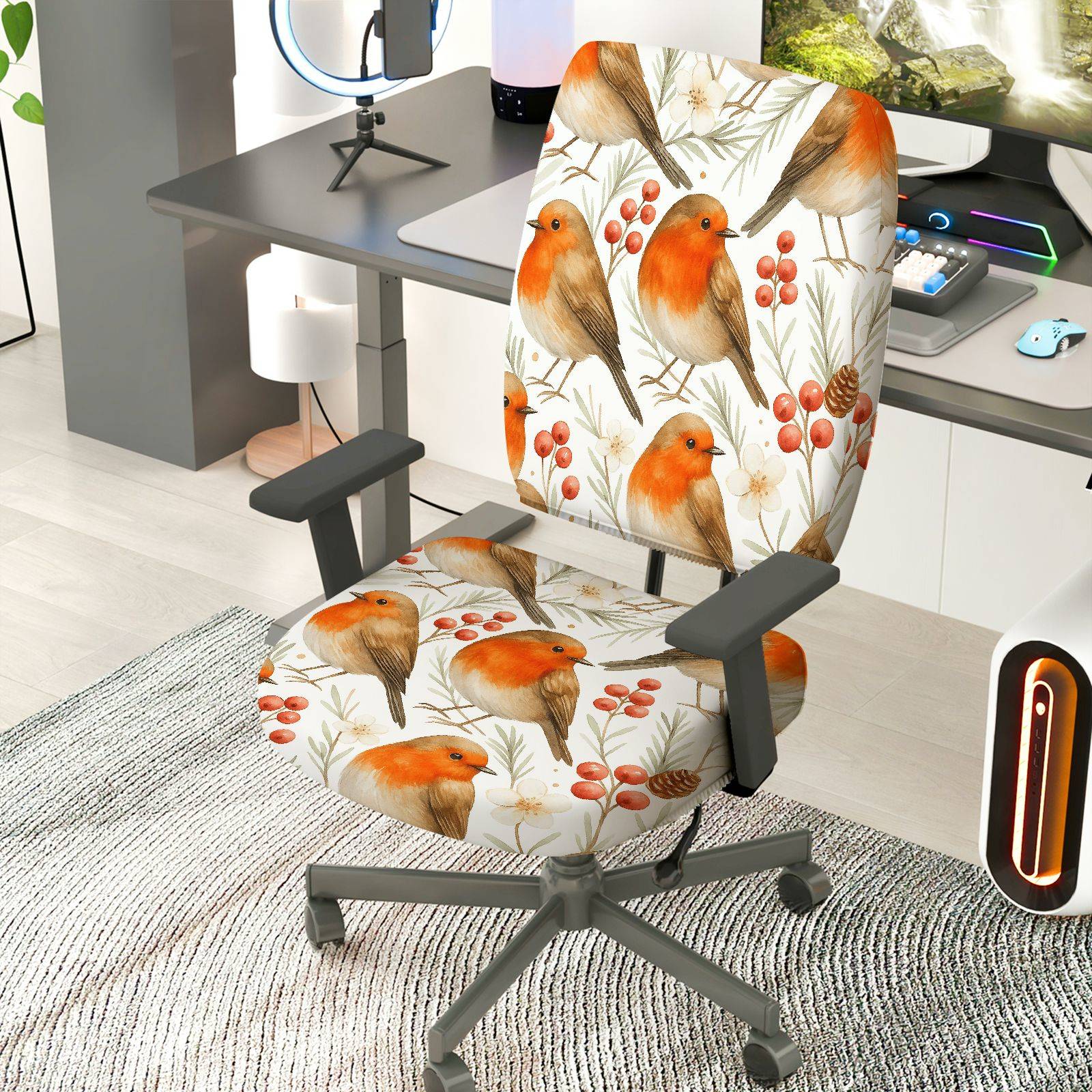 2-Piece Christmas Robin Bird Berry Tree Flower  Computer Chair Cover Set, Seat and Backrest