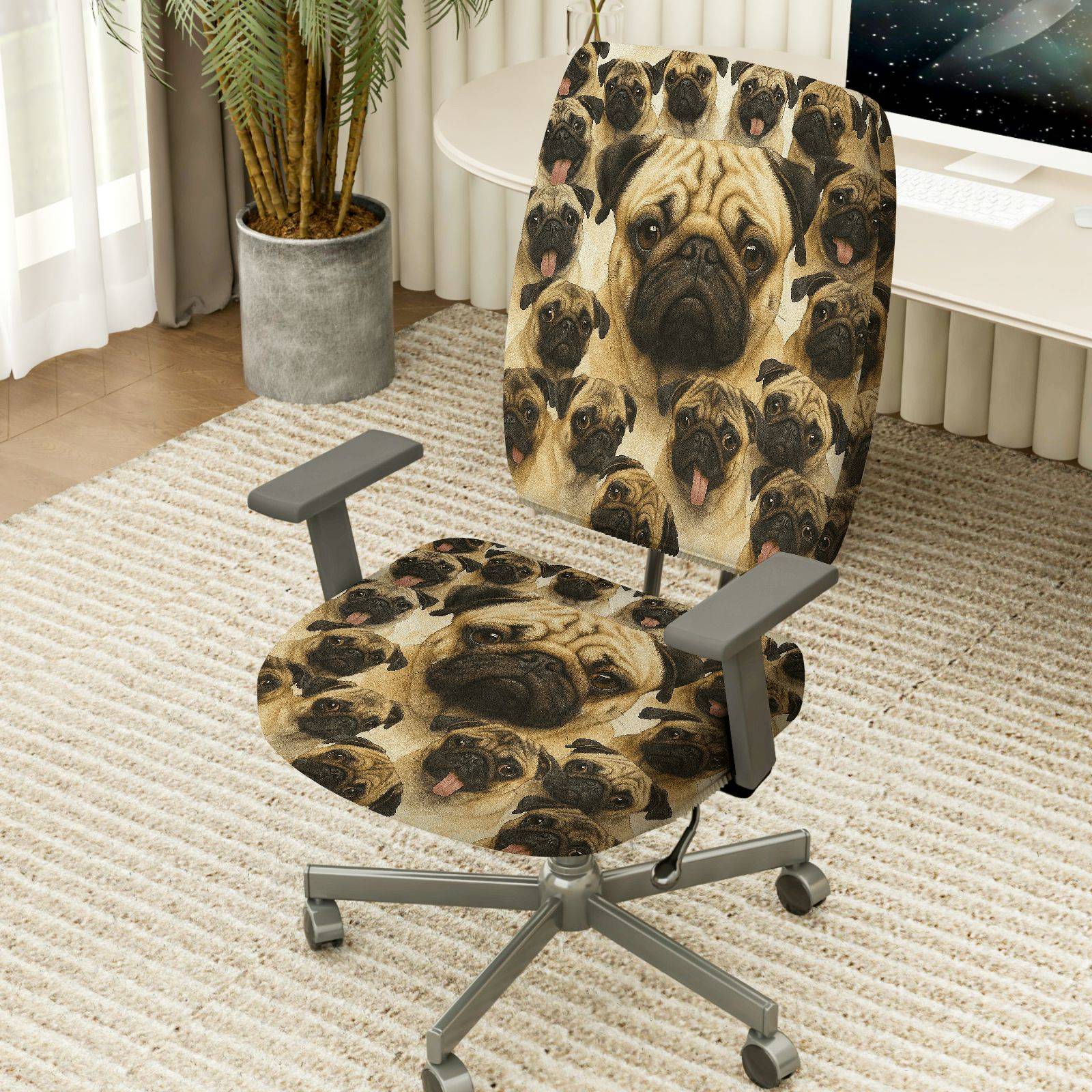 2-Piece Pug Dog Animal Print Cute Funny  Computer Chair Cover Set, Seat and Backrest