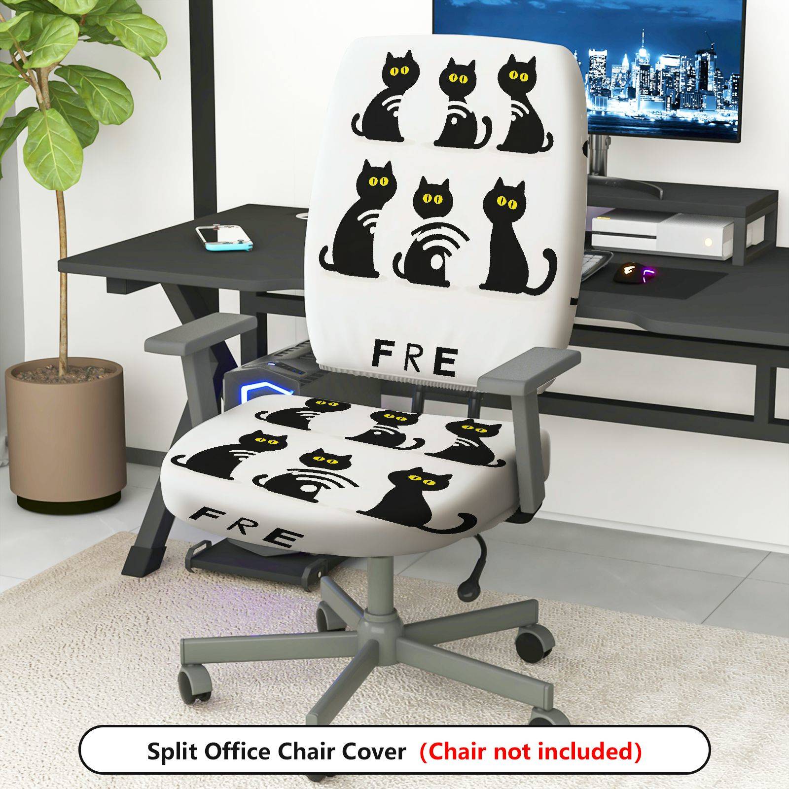 2-Piece Black cat pattern Halloween  Computer Chair Cover Set, Seat and Backrest
