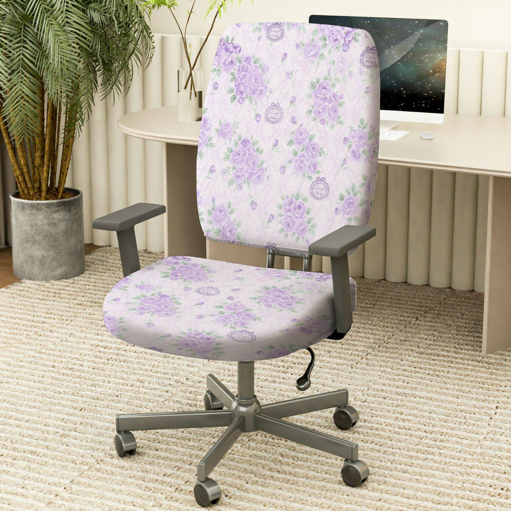 2-Piece Floral Purple Gray Pattern Decorative  Computer Chair Cover Set, Seat and Backrest