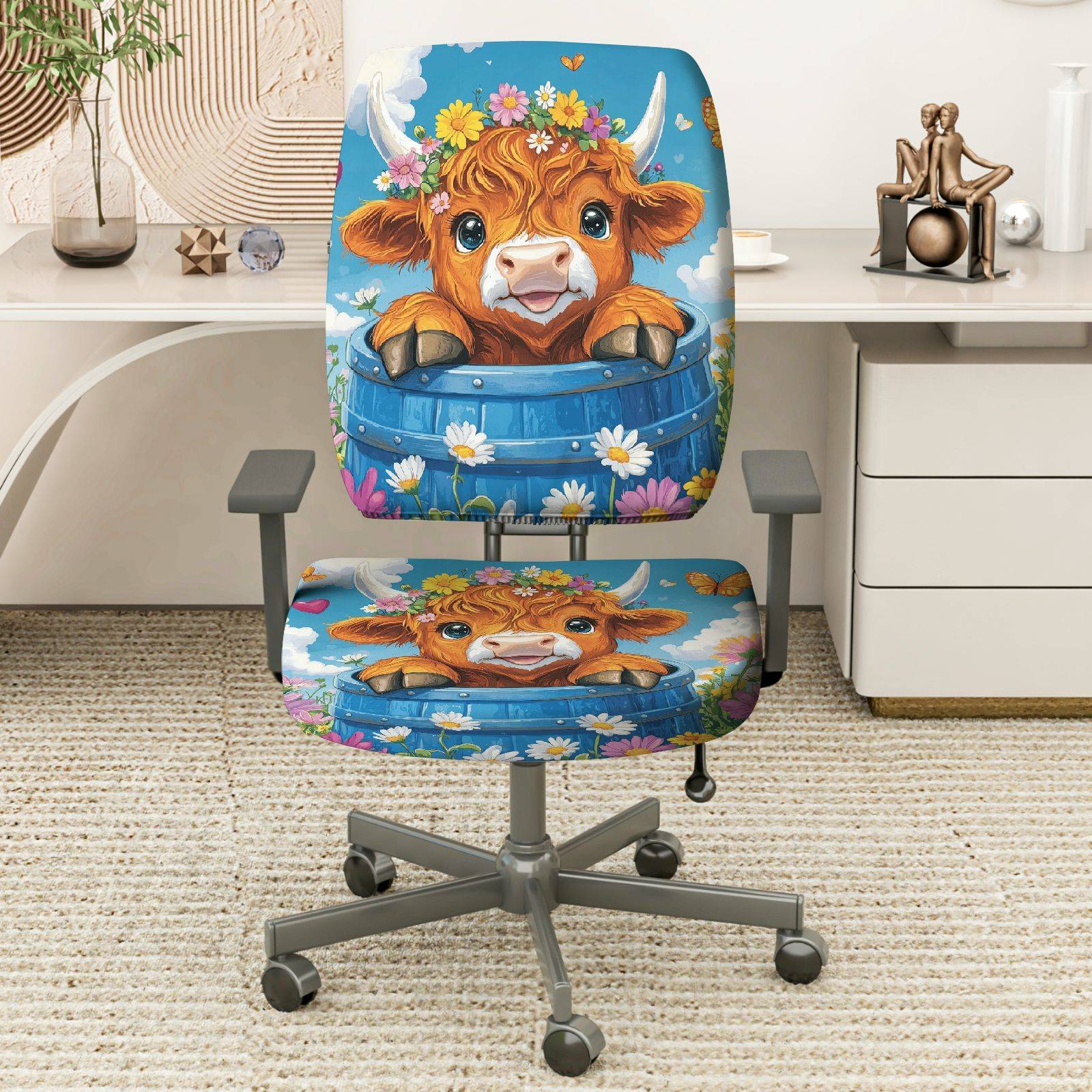 2-Piece Cute Cow Flower Garden Spring Summer  Computer Chair Cover Set, Seat and Backrest
